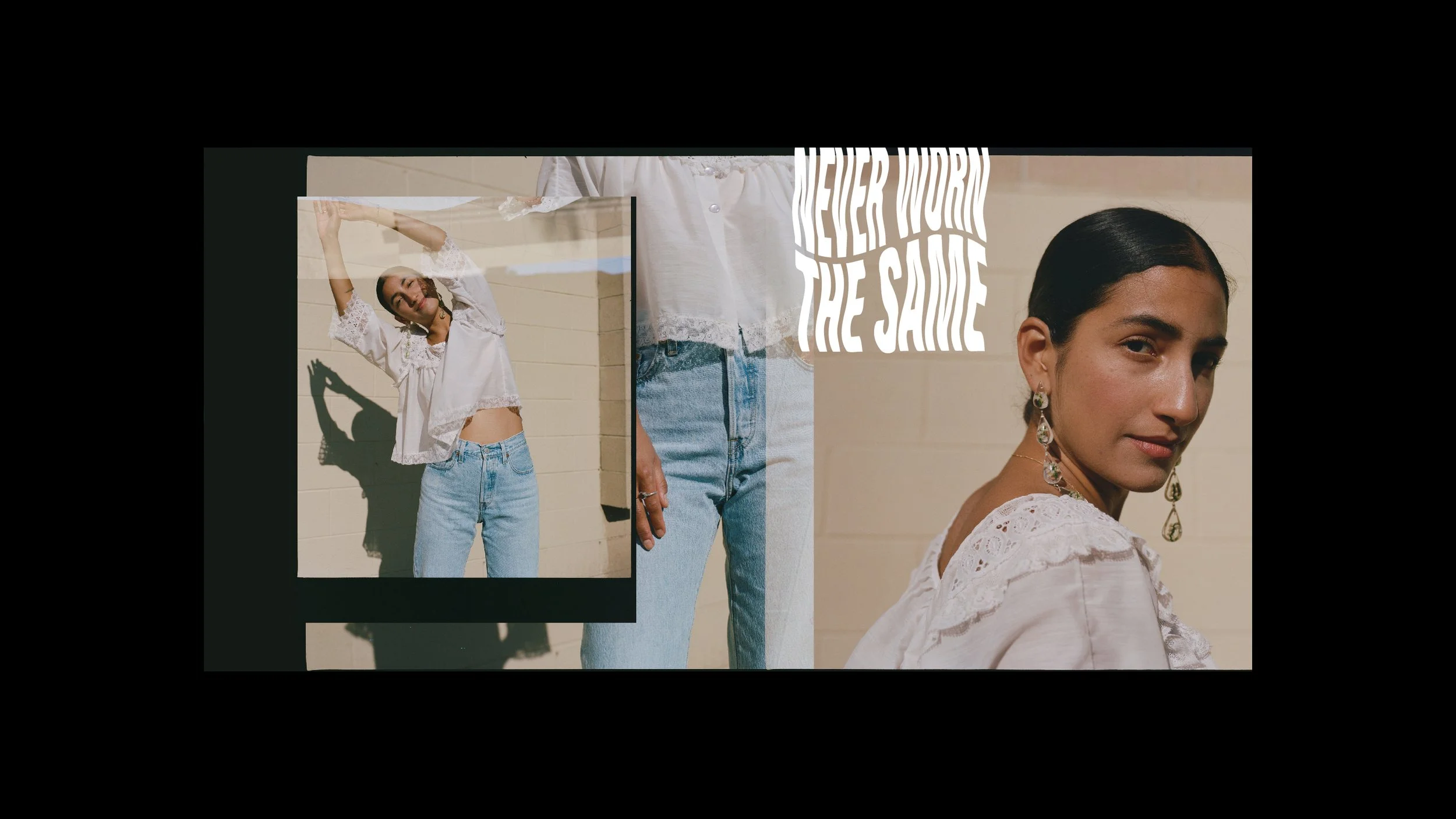 Collage of fashion photos, includes a woman in a white embroidered blouse and blue jeans, and close-up of her face with earrings, with white text overlay 'Never Worry About The Same'.