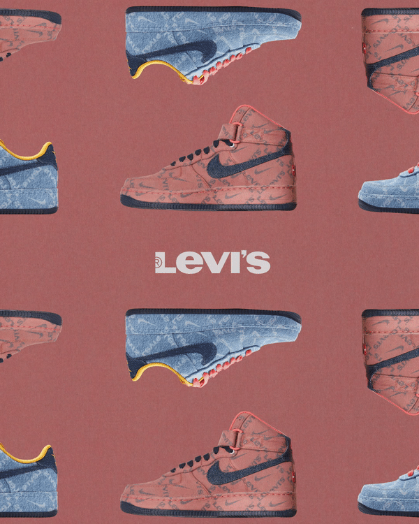 Pattern of red and blue Nike sneakers with the Levi's logo in the center on a red background.