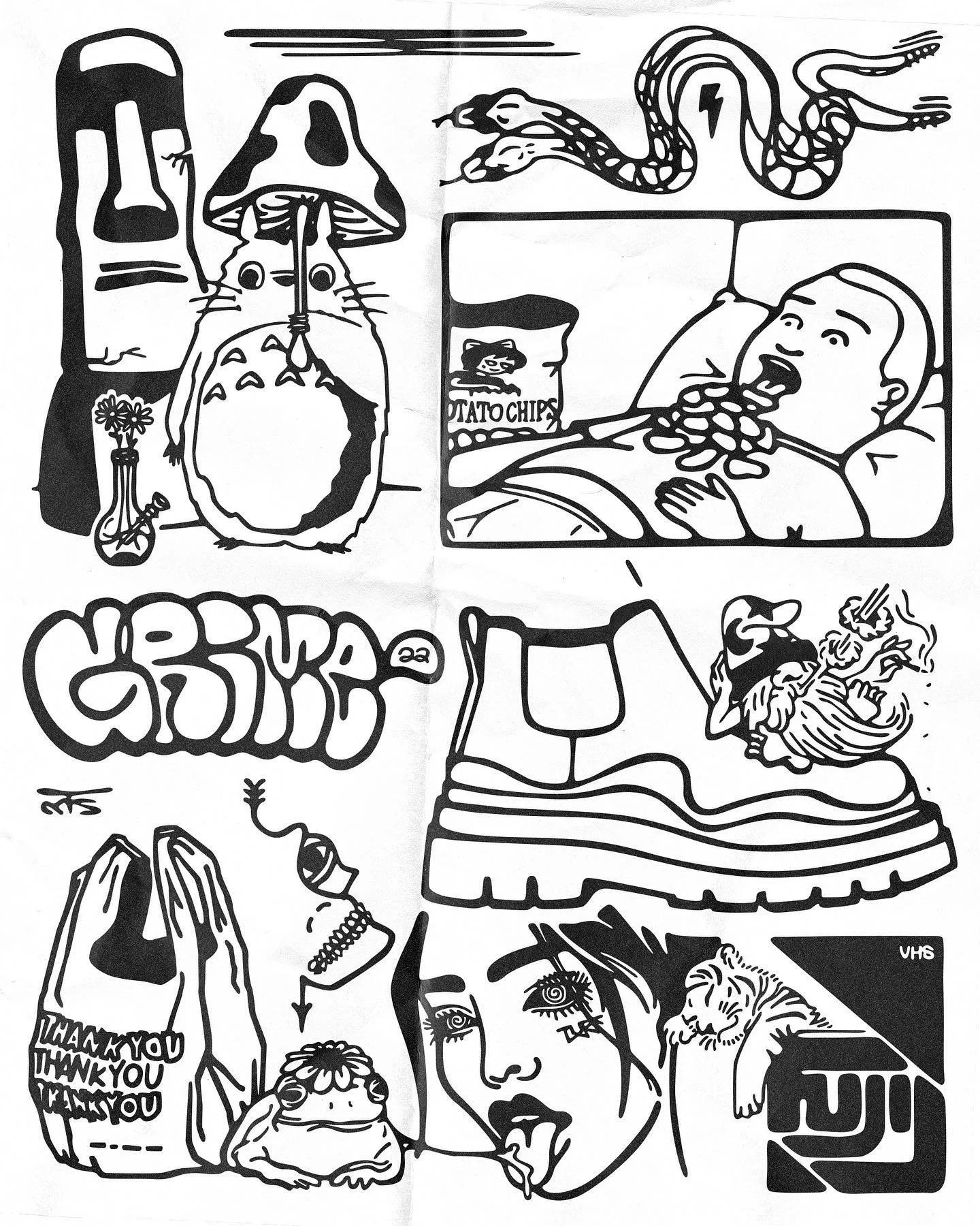 A collection of black-and-white line art illustrations including a mouse with a mushroom hat, a snake, a man lying in bed with a bag of potato chips, a framed picture of a cat, a pair of sunglasses, a lion's head, a frog with a speech bubble saying "