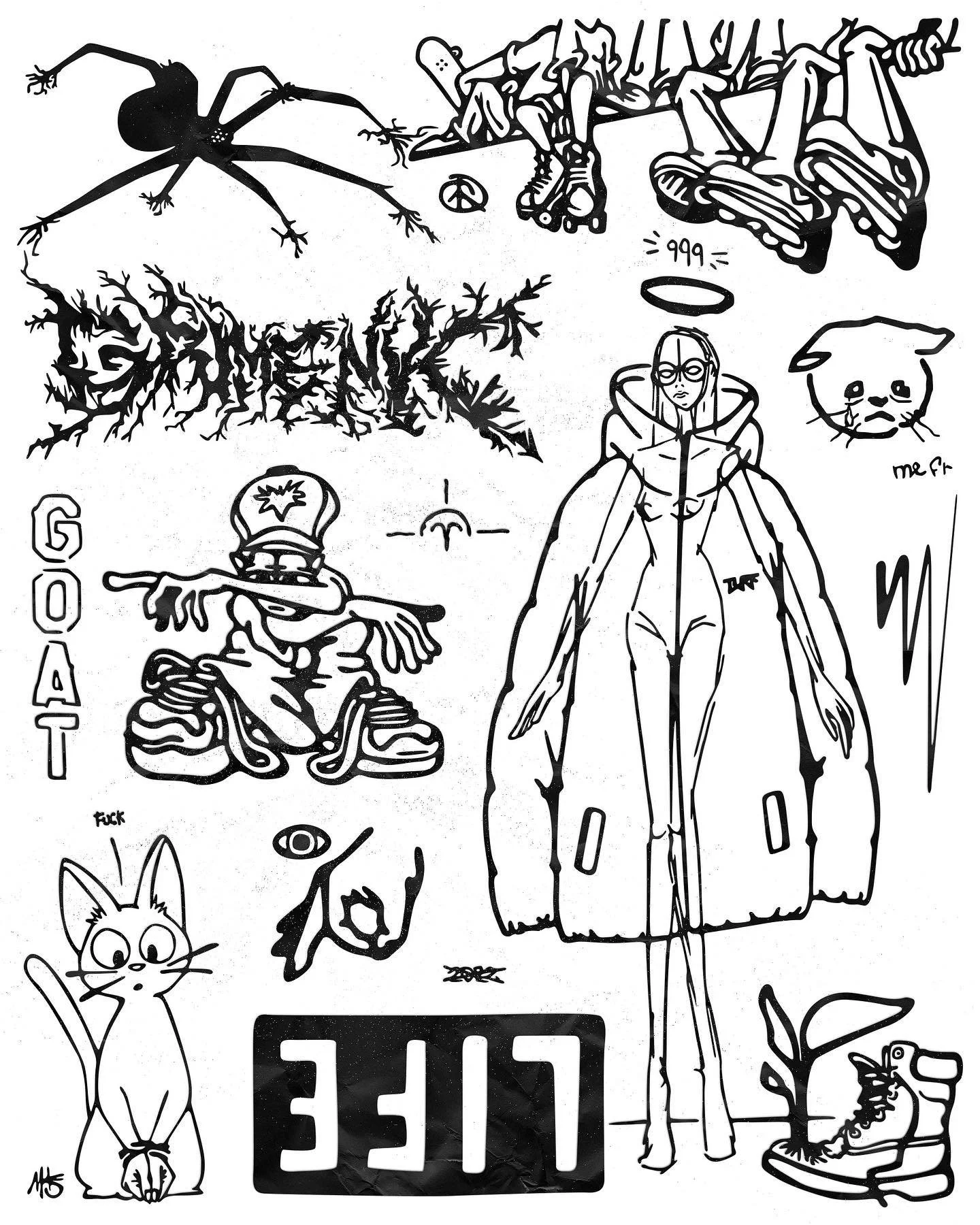 Black and white illustration featuring various abstract and cartoon-like drawings, including a girl with long hair and a cape, a cat, a skateboarder, a dog, a shooting star, and a license plate with upside-down letters. The image also contains abstra