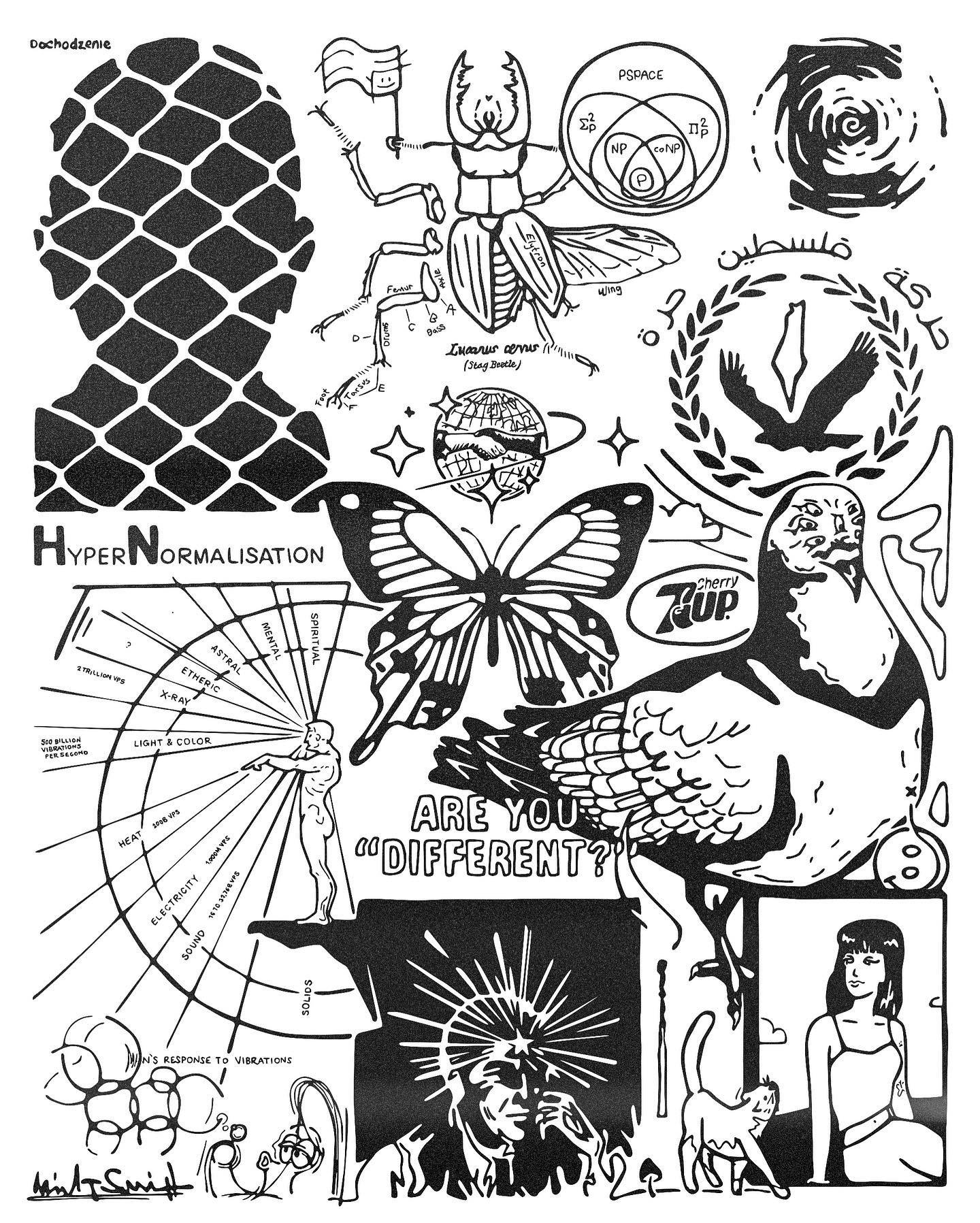 A black and white illustration featuring various images and text, including a large pineapple, a butterfly, a human figure with a rainbow, a lion, a woman with glasses, a person with an umbrella, and scientific diagrams related to vibrations and soun