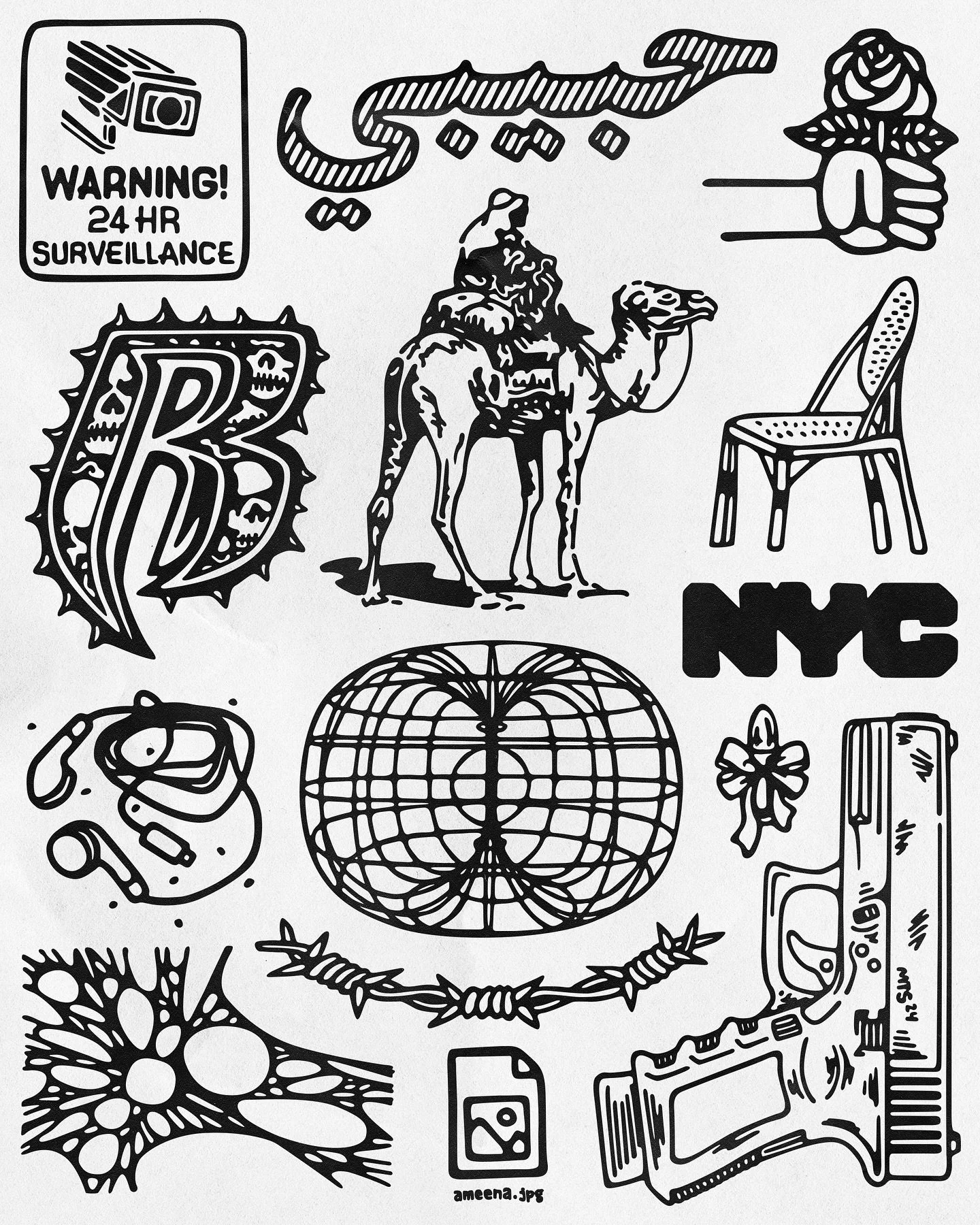Collection of black and white line art illustrations including a warning sign, a marijuana leaf, a dog sculpture, a chair, NYC text, a globe, a stethoscope, a suitcase, and various other objects.