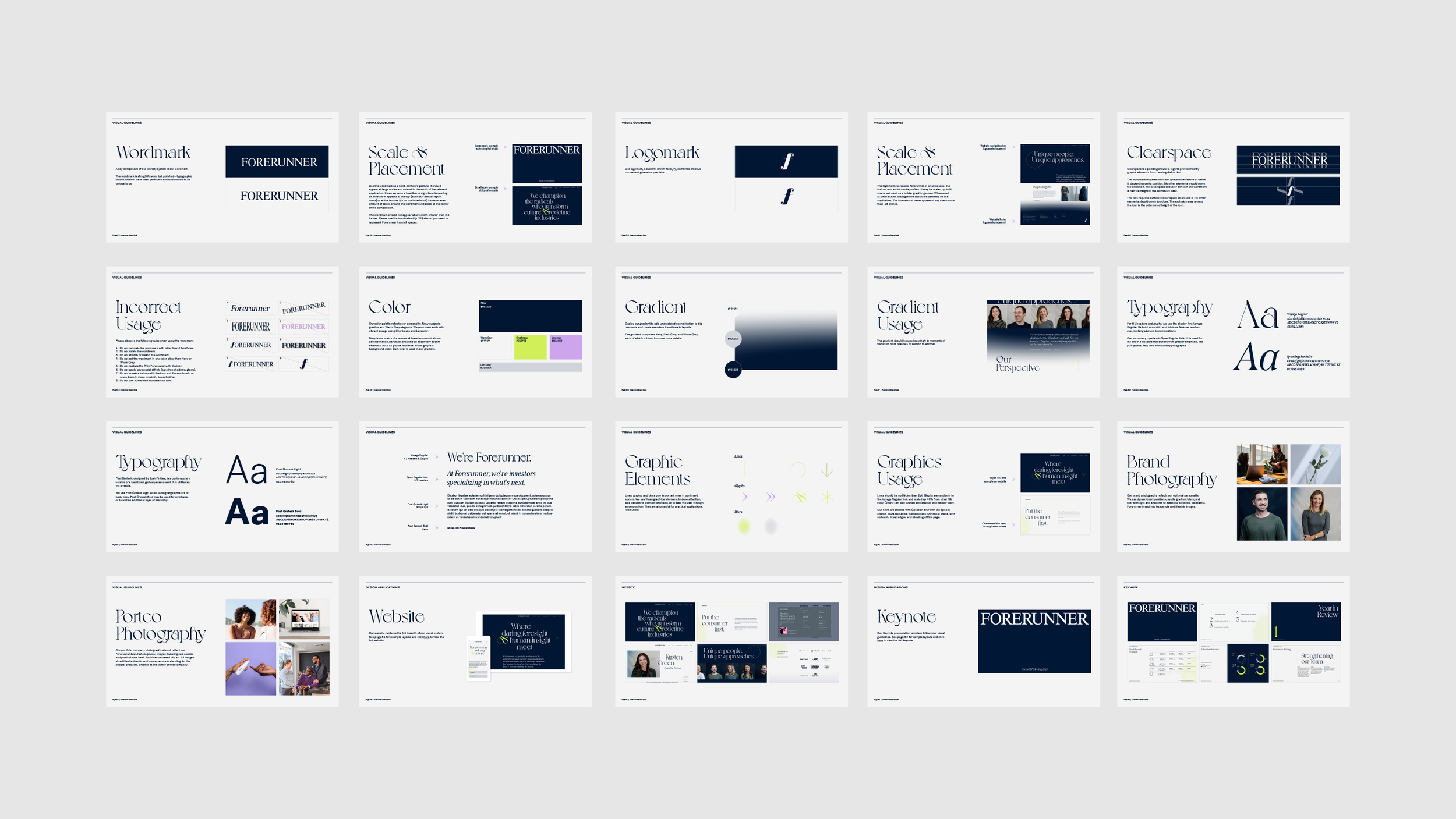 Thumbnail images of presentation slides covering graphic design topics like wordmark, logo, typography, color, gradient, and photography, with some slides containing images of people and design elements.