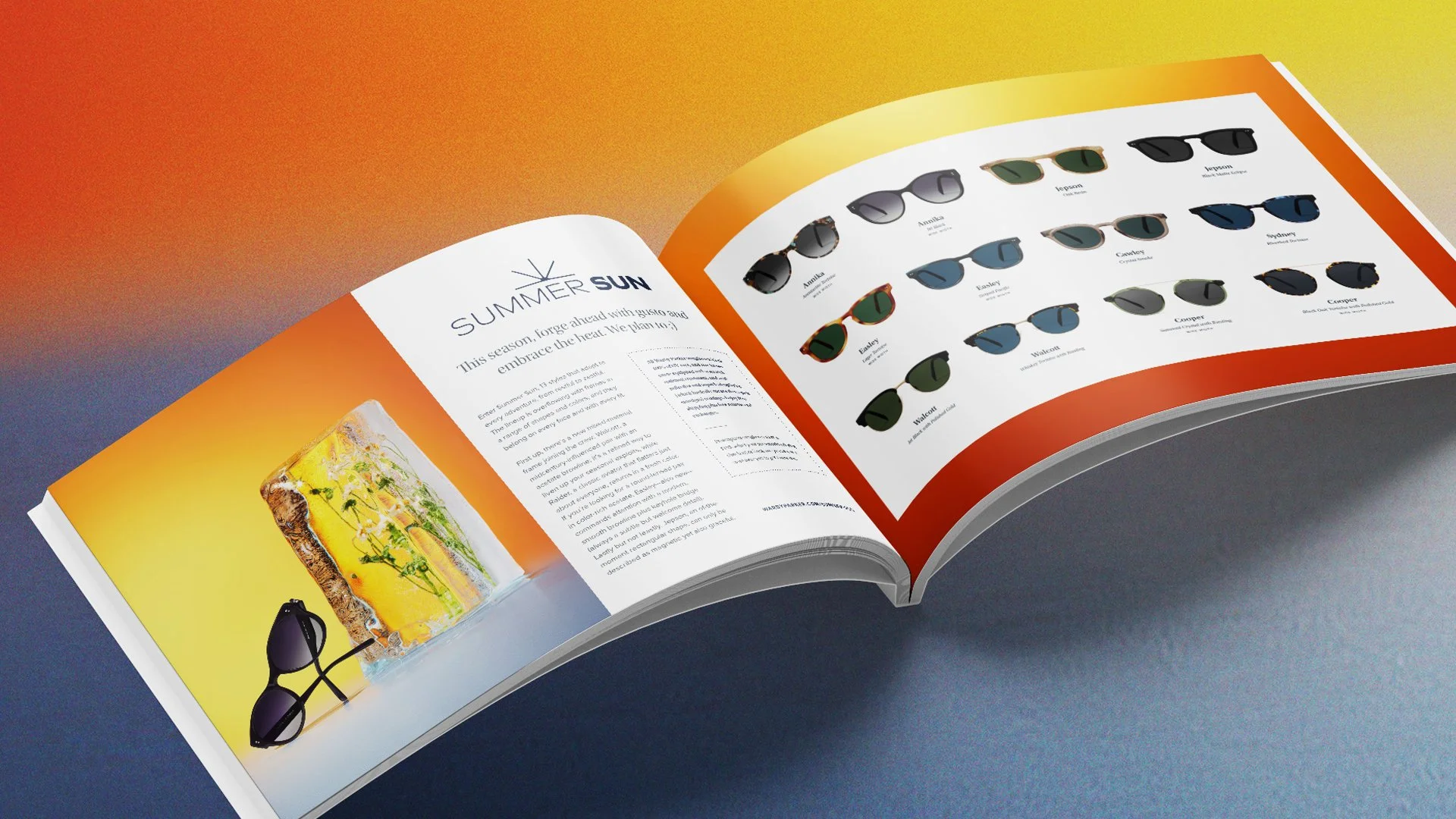 An open magazine displaying a collection of sunglasses, with a section titled 'SUMMER SUN' on the left page and various styles of sunglasses on the right page, on a colorful gradient background.