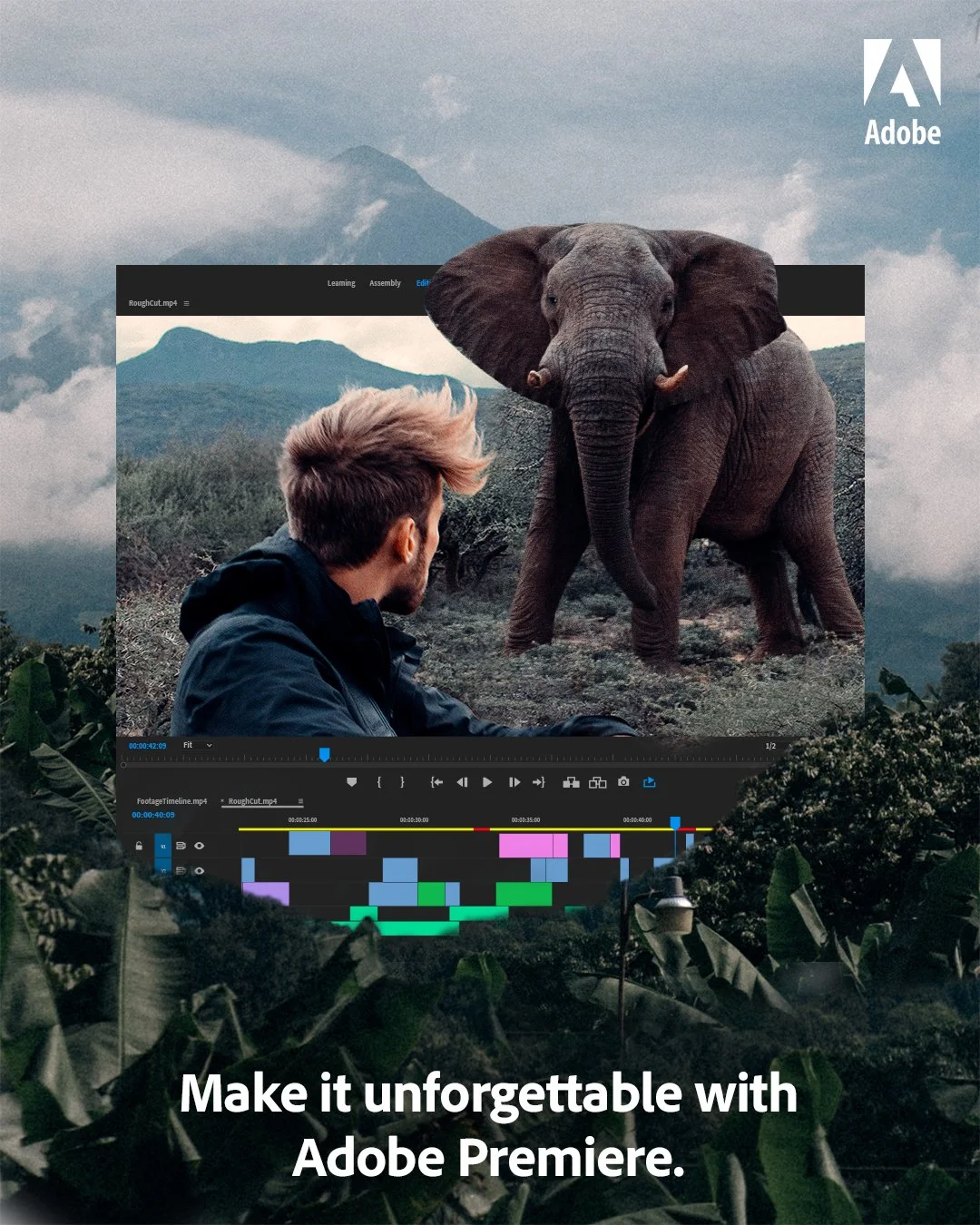 A person with light brown hair styled upward looking at a large elephant in a natural landscape with mountains in the background, overlaid with a screenshot of Adobe Premiere Pro editing software, and the text 'Make it unforgettable with Adobe Premiere' at the bottom.