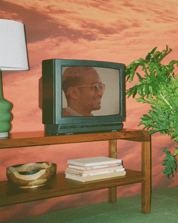 A vintage television on a wooden shelf showing a person's reflection wearing glasses, with a potted green plant and a table lamp nearby, against a pinkish sky background.