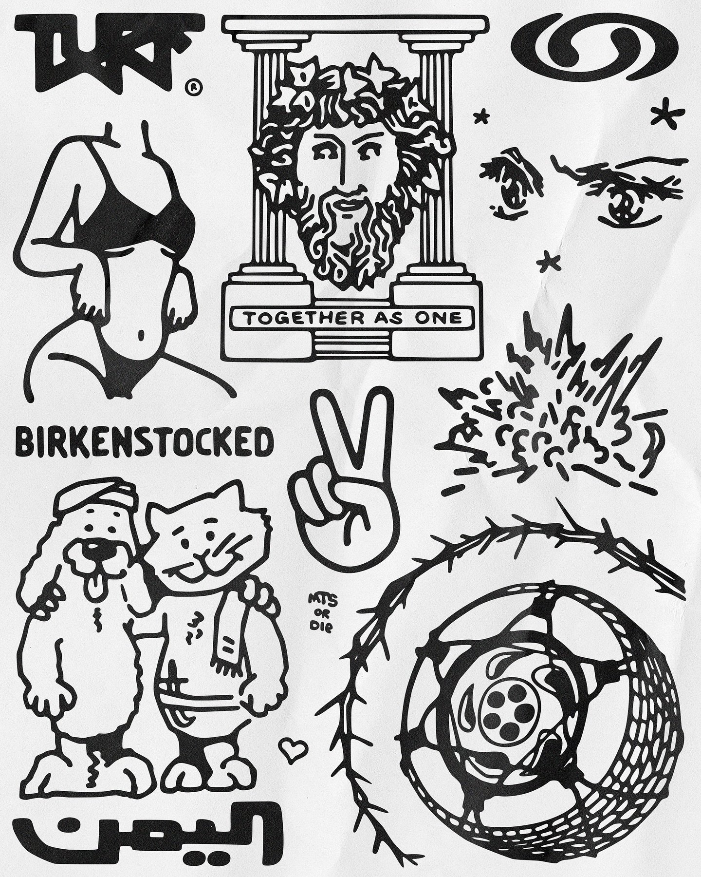 Black and white line art illustration featuring various icons and symbols including a woman in a bikini, a peace sign, a lion and lamb, a mountain and starry sky, a tractor wheel, a religious face, a peace sign hand, and the word 'BIRKENSTOCKED'.