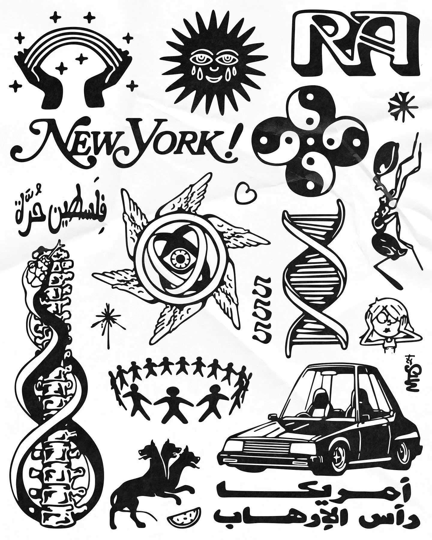 Collection of black and white illustrations representing New York, including a rainbow, a smiling sun, the word 'NYC,' a yin-yang symbol, a DNA strand, a skateboard, a car, and Arabic text.