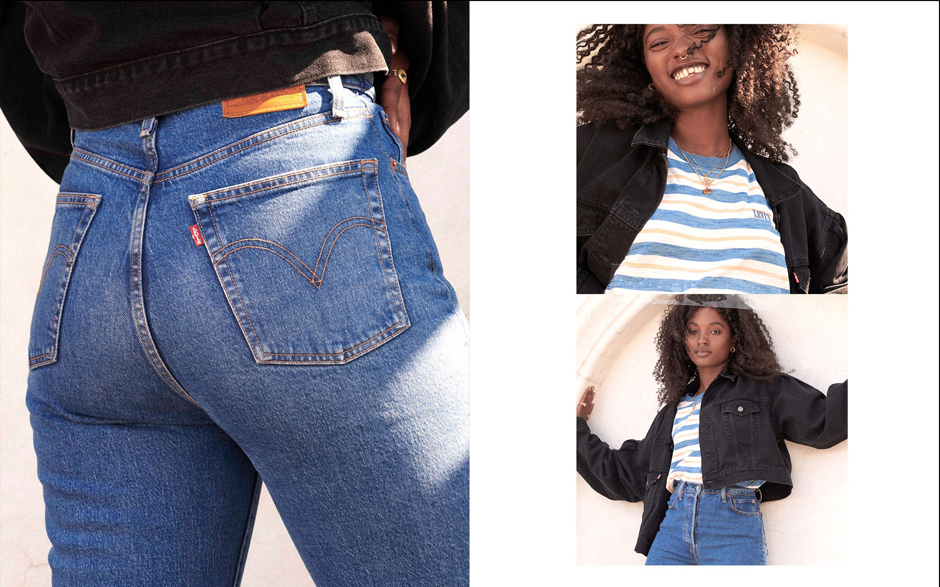 Close-up of a person wearing blue Levi's jeans with a black jacket, and two images of a woman with curly hair smiling and posing in a black jacket and striped shirt.