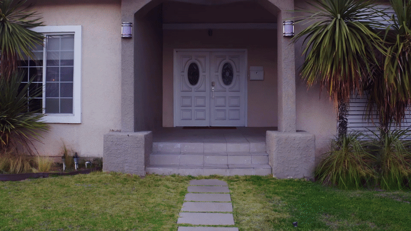Front entrance of a house with gray double doors, steps, a concrete walkway, a window on the left, and palm trees on the right.