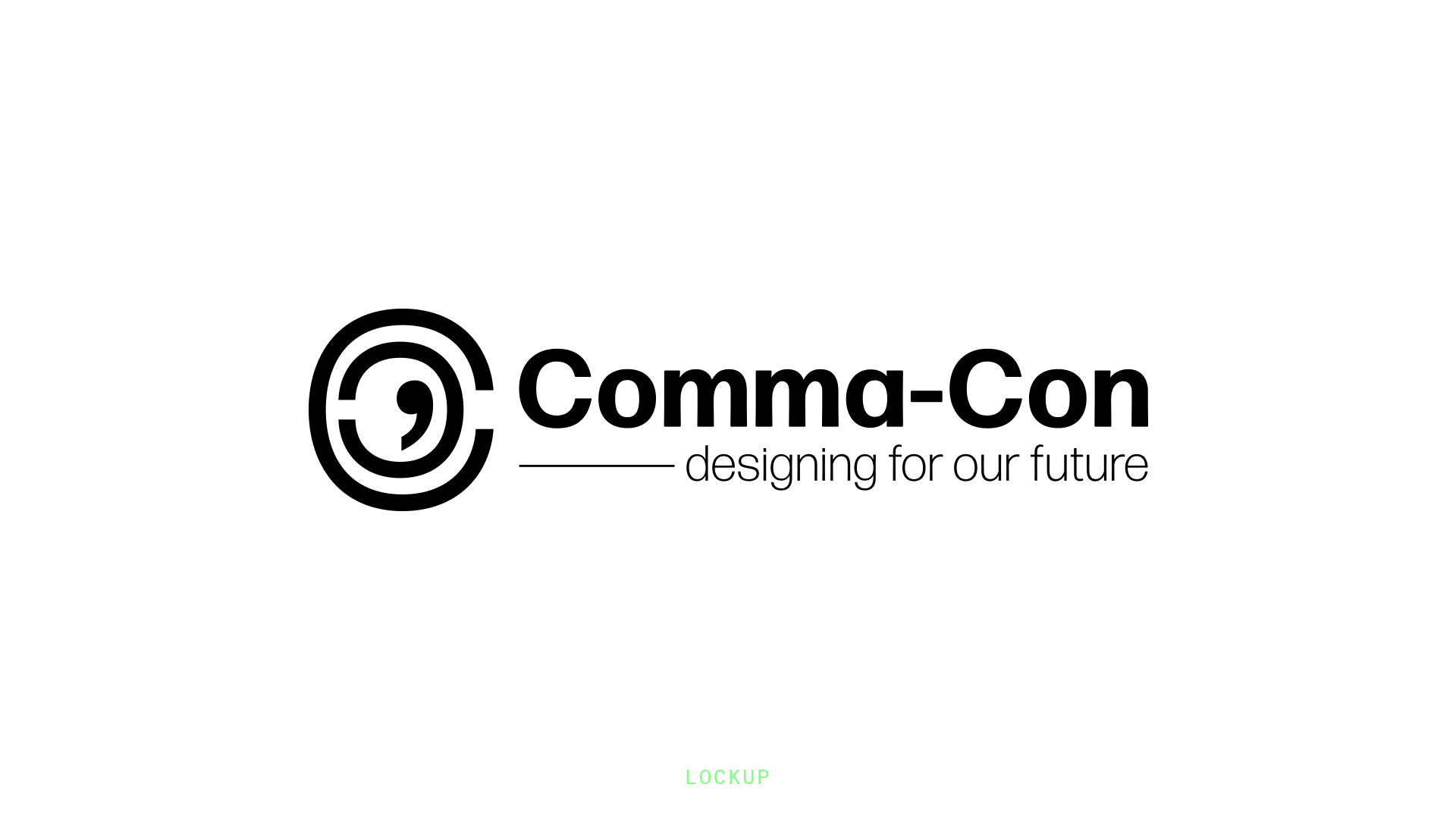 Logo for Comma-Con with the slogan 'designing for our future' in black and white.