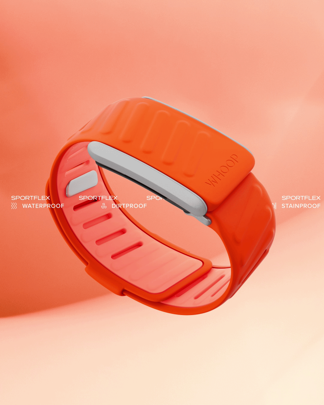 An orange fitness tracker wristband with a gray clasp, displayed against a pink-orange gradient background, with text indicating the device is waterproof, dirtproof, and stainproof.