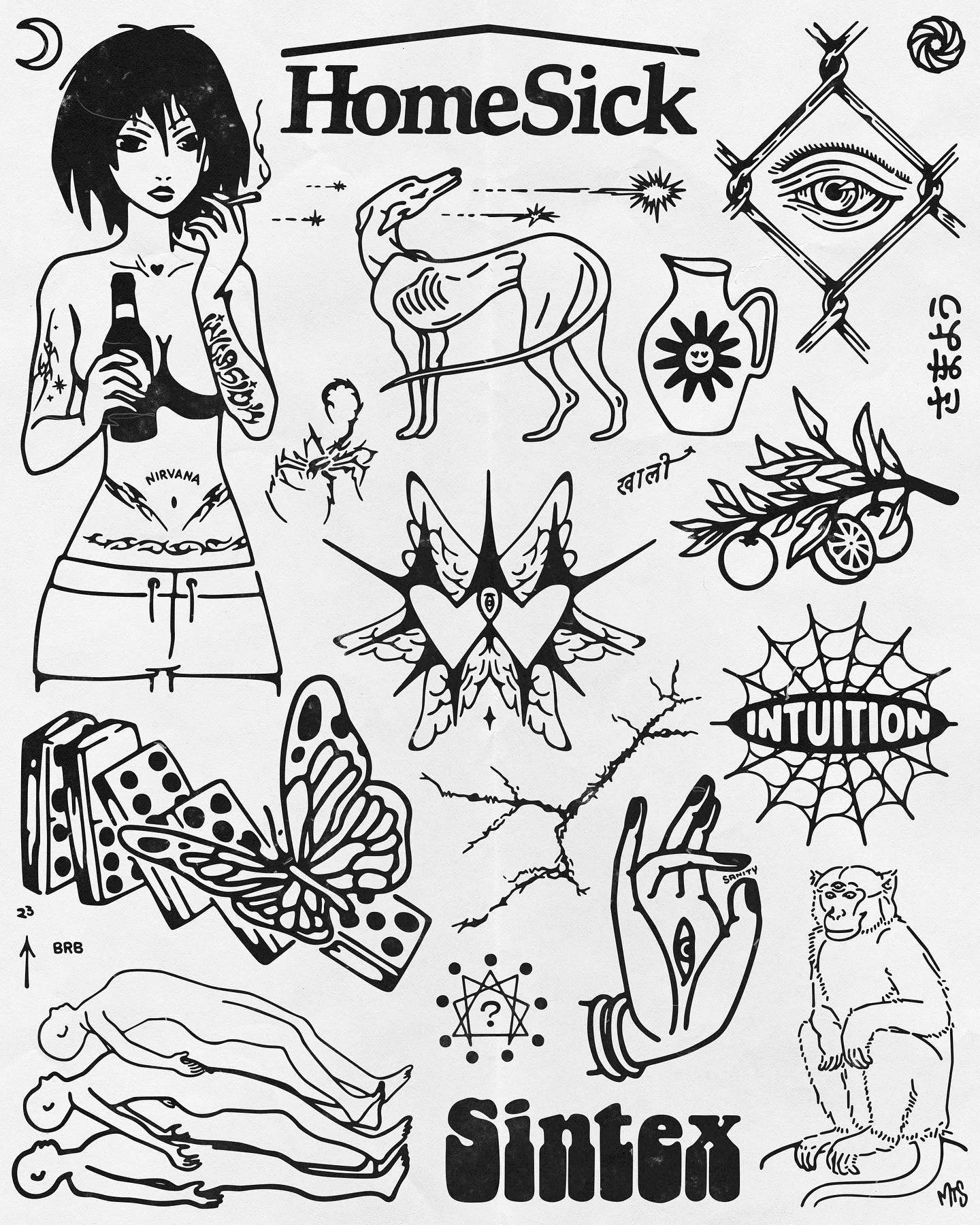 Black and white illustration featuring various mystical and symbolic images, including a woman with tattoos holding a bottle, a wolf, a hand with an eye, a butterfly, a lion, dice, a spider web with the word 'INTUITION', a thorny branch, and other ab