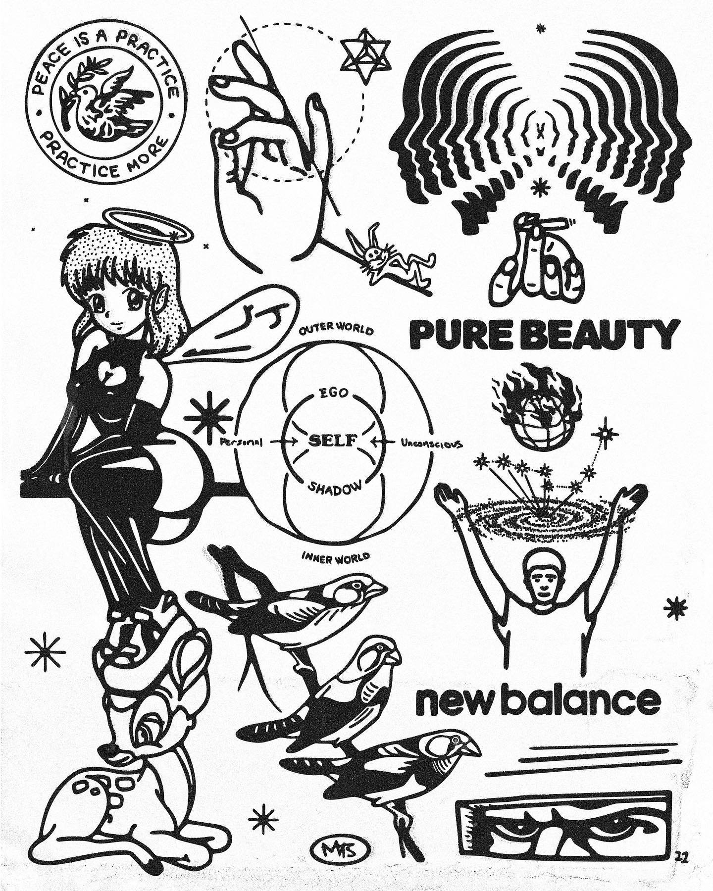 Black and white illustration with spiritual and natural themes. Features a circular emblem with a dove and the phrase 'Peace is a Practice, Practice More,' a girl with wings and a halo, a hand making a gesture with a small rabbit hanging from a strin