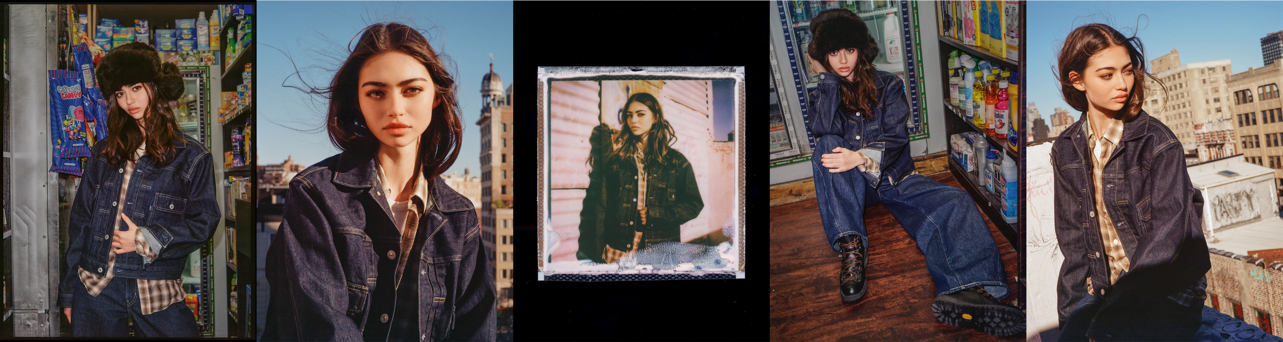 A collage of five photos of a young woman with dark brown hair, wearing a denim jacket over a plaid shirt, posing outdoors and indoors, with urban cityscapes and a vending machine in the background.