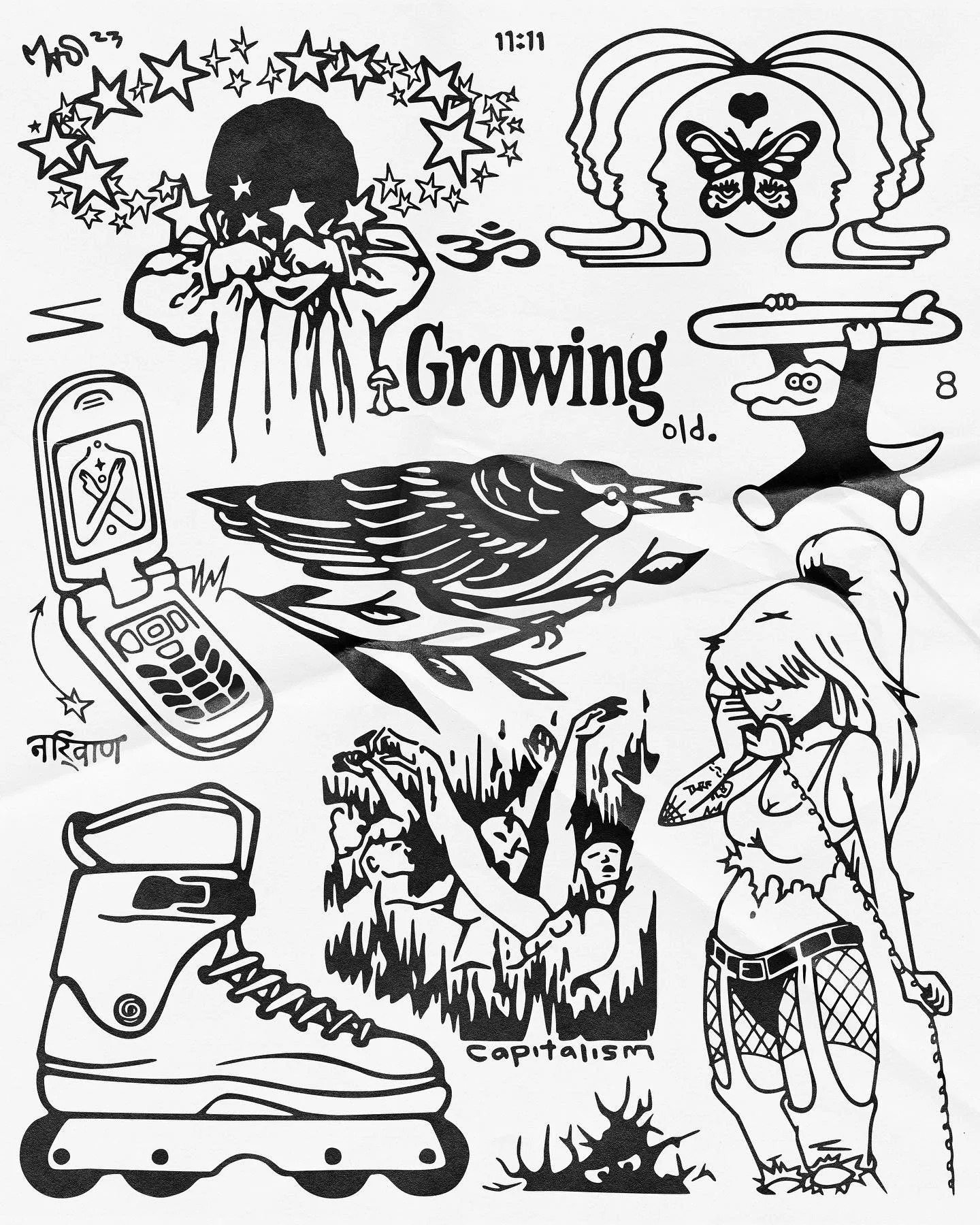 Black and white illustration featuring various symbolic and artistic elements including a person with stars around their head, a person with a butterfly face, a bird, a hand with a spoon, a girl with telephone wire tattoo, a mobile phone with crossed