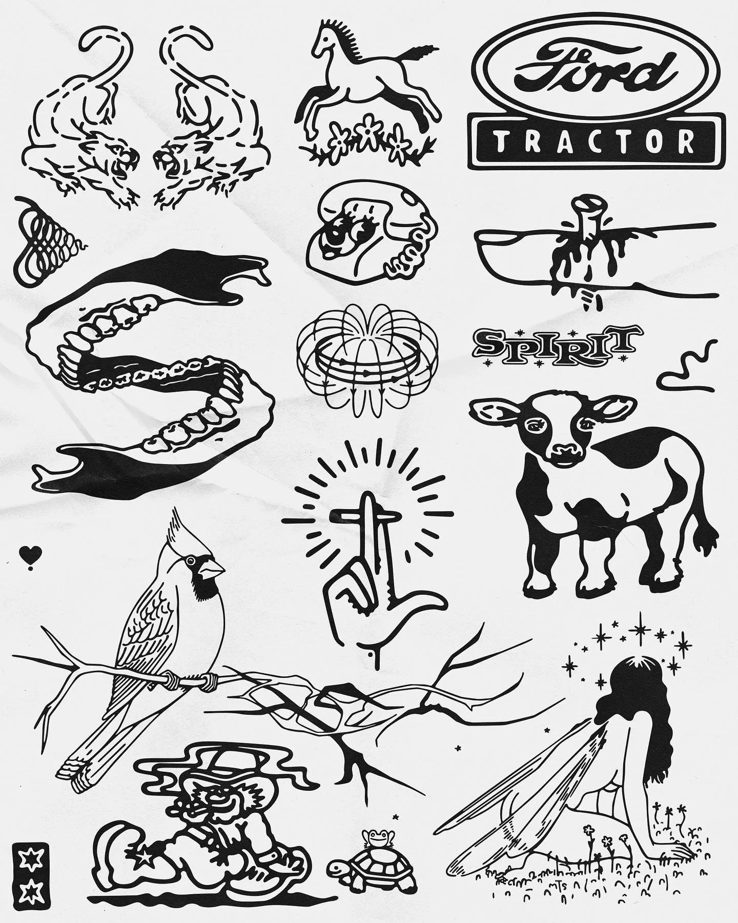 Black and white tattoo-style illustrations of various animals and objects, including a pair of lions, a horse, a horse skull, a snake, a bird, a turtle, a cow, a human hand with a pointing finger, a card, a waterfall or mountain scene, and stylized t