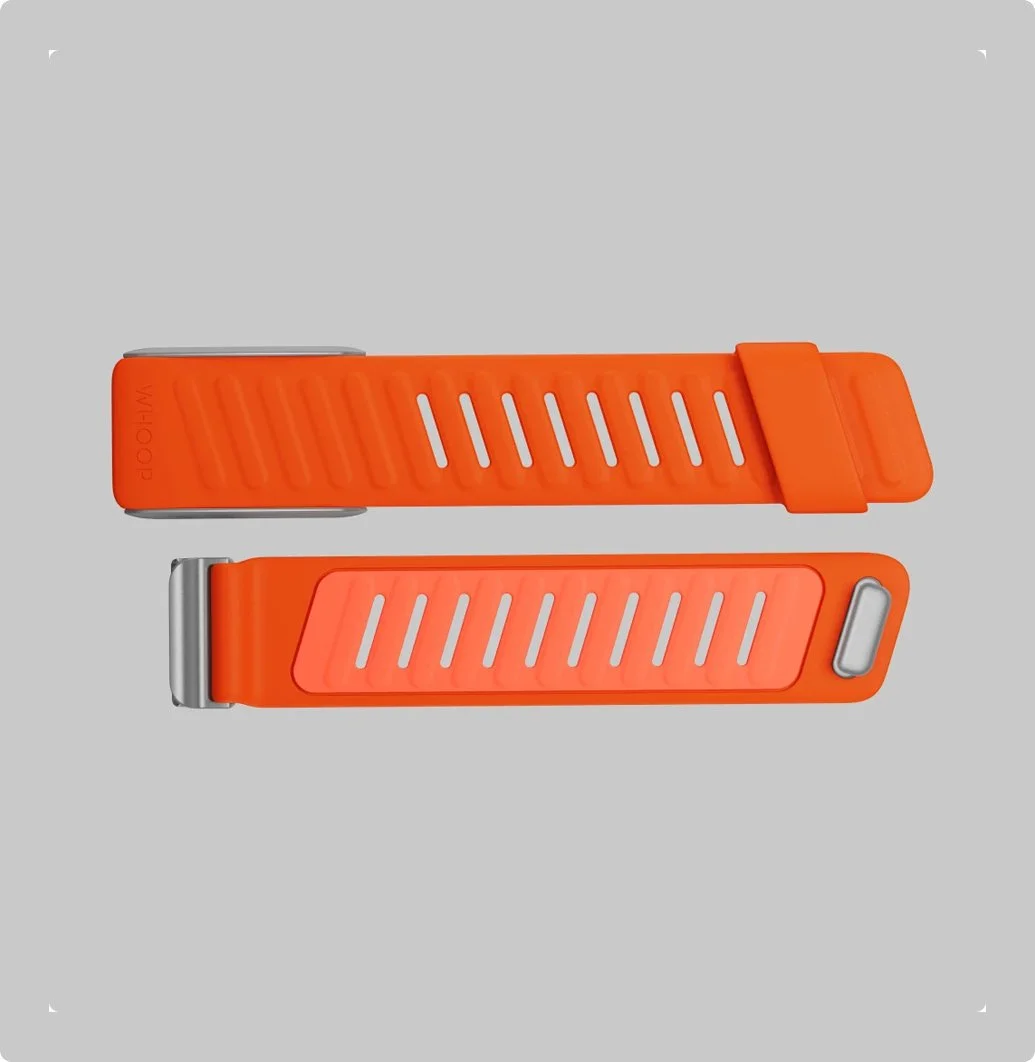 Two orange fabric watch bands with metal clasps, placed on a light gray background.