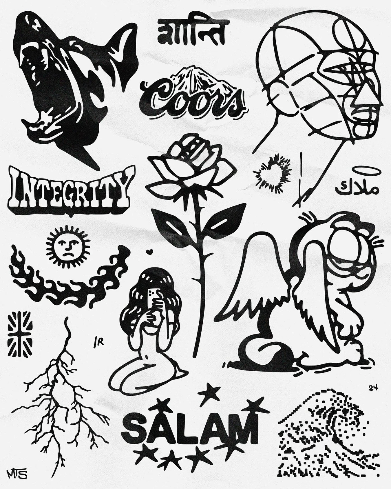 A collection of black and white illustrations and symbols, including a shark, a mountain with the word 'Coors', a peace sign, a rose, the word 'Integrity', a mermaid taking a selfie, a tree, a lion, a bird, and various abstract designs. Some words in