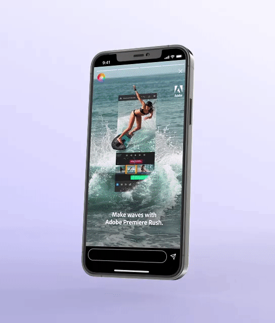 A smartphone displaying a video editing app, Adobe Premiere Rush, with a person surfing on water.