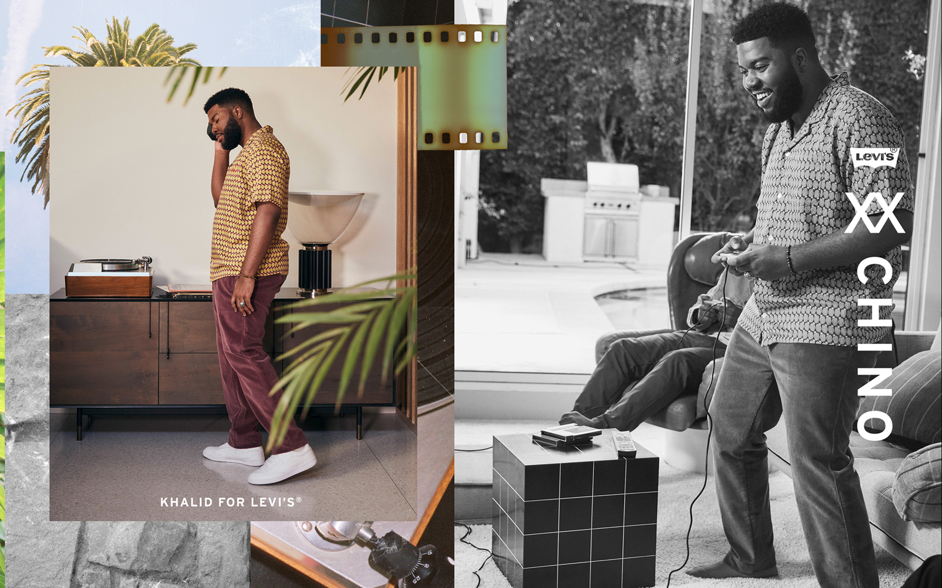 A collage featuring a young man wearing a yellow patterned shirt and burgundy pants, standing inside a retro-styled room next to a record player. On the right, a black-and-white photo of the same man smiling while playing a video game in a cozy living room, with