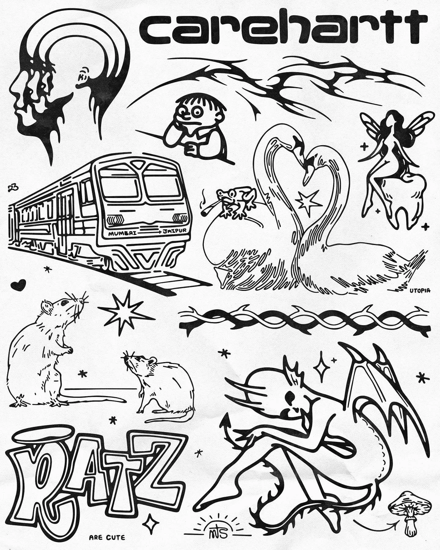 Black and white doodle artwork featuring a skull with rainbow-like lines, a train labeled 'Mumbai Jaipur,' a stylized swan with a star, a fairy with wings, mice, a dragon, and various stars and decorative elements.
