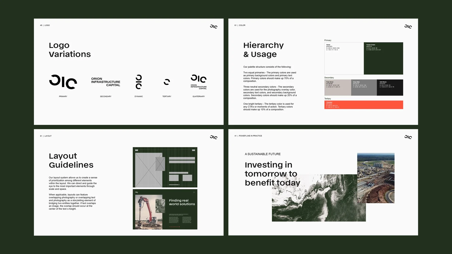Screenshots from a presentation or document showing logo variations, color palette, hierarchy and usage, layout guidelines, and an environmental project with an Earth image and construction photos.