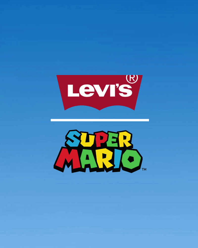 Levi's logo above the Super Mario logo on a blue background.