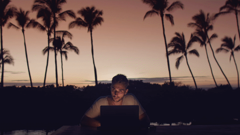 A man working on a laptop outdoors at sunset with palm trees in the background.