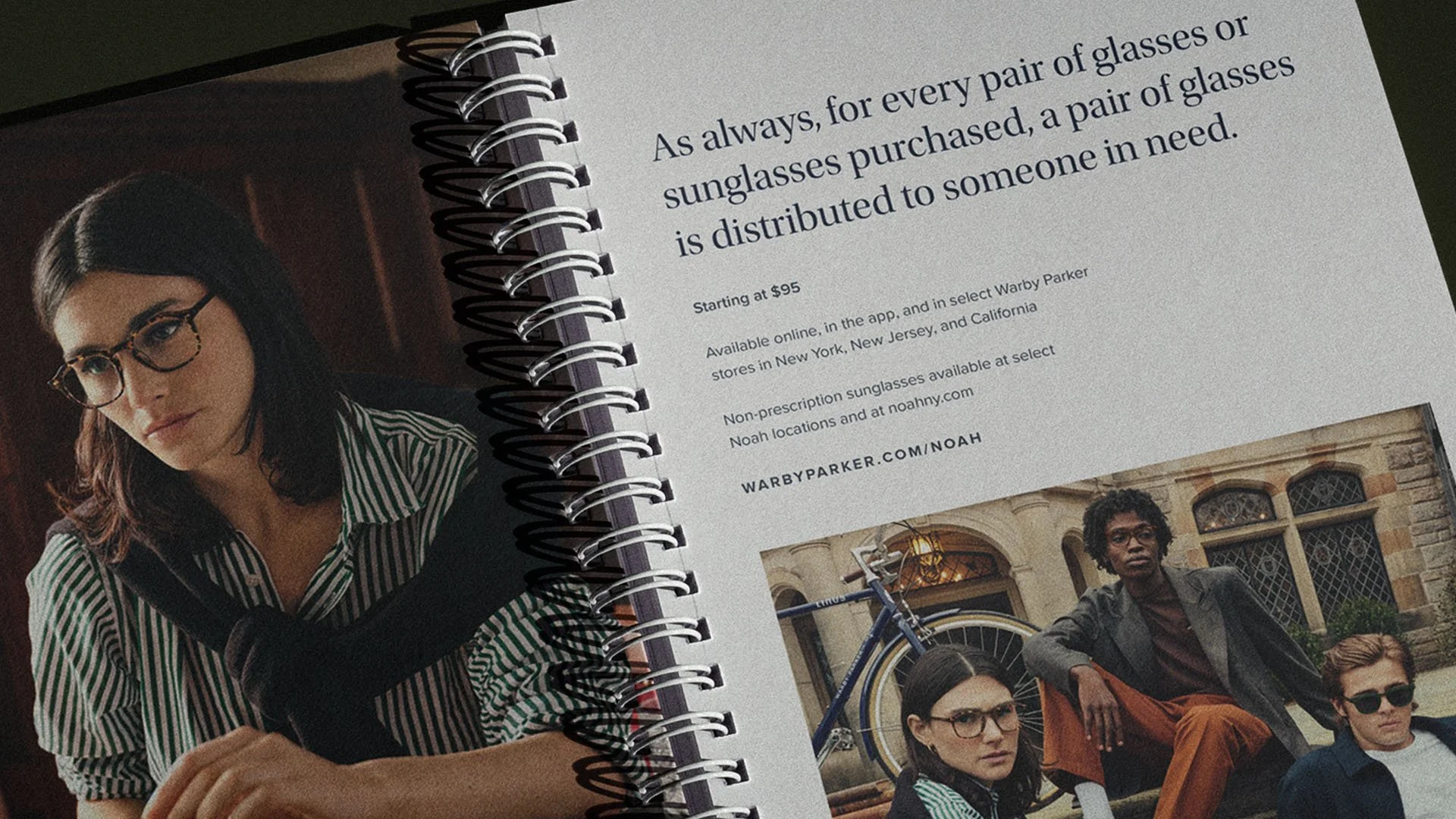 Spiral-bound booklet with a woman wearing glasses on the cover and text about purchasing and gifting sunglasses, with a photo of four women sitting outdoors.