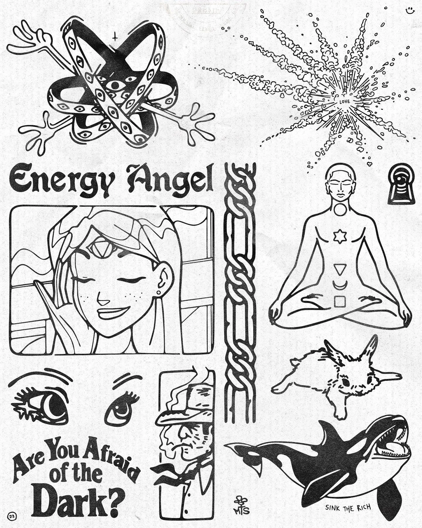 Black and white illustration featuring various images and text, including a snake with eyes, a burst of energy labeled "LOVE," a woman with closed eyes and long hair, a chakra depiction, eyes, a dog, a shark, and the text "Sink the Rich."