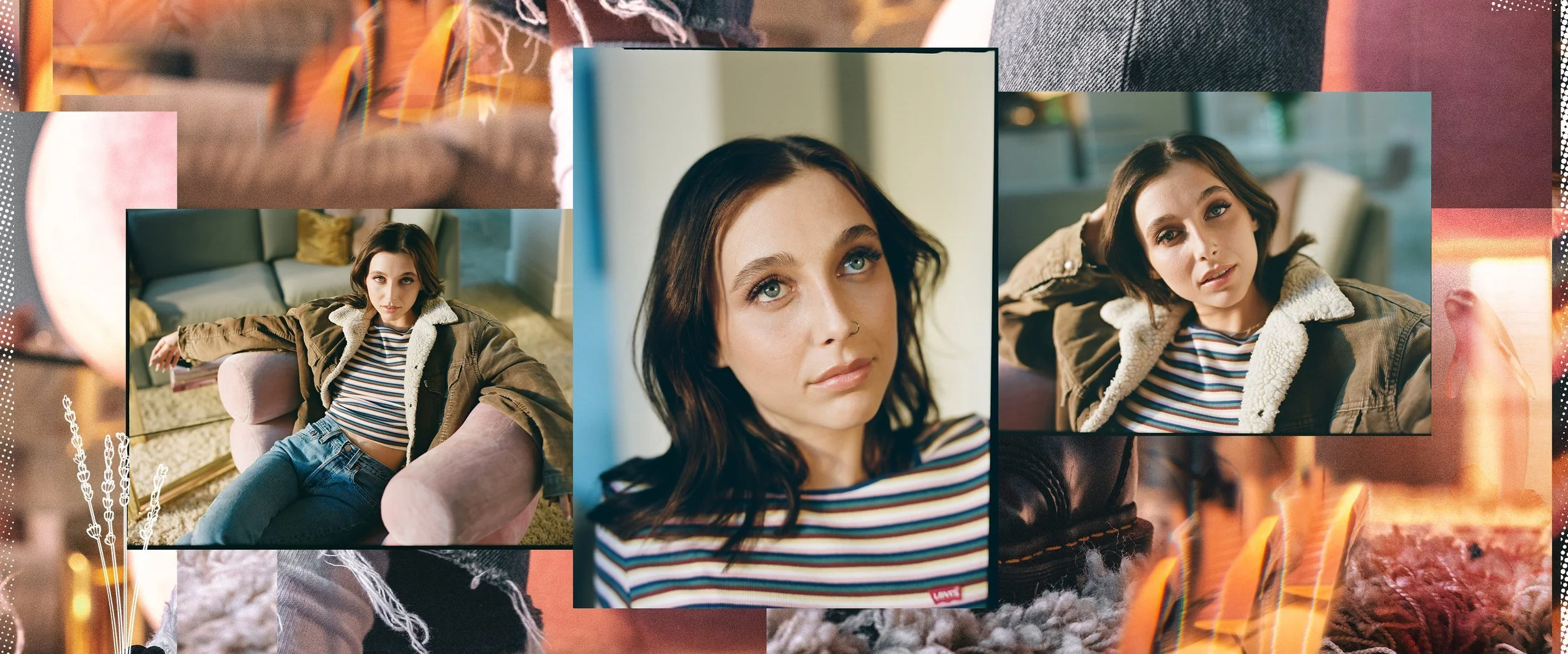 A collage of photos featuring a young woman with dark hair and blue eyes, wearing a striped shirt and a brown jacket with a shearling collar, in various poses and expressions, set against a mix of indoor and outdoor backgrounds.