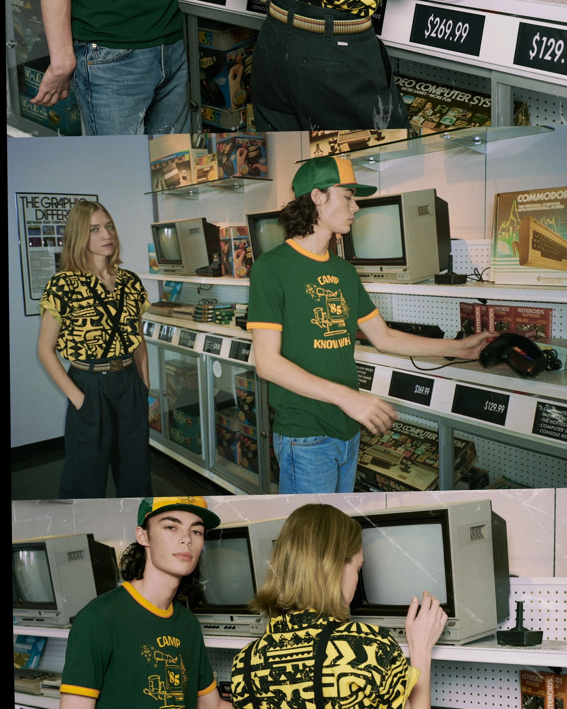 Three young people shopping for vintage computers and electronics at a store. One woman in a yellow and black patterned shirt and two men, one in a green t-shirt with yellow trim and one in a black t-shirt, are seen browsing and inspecting items on shelves filled with old computer hardware, software, and accessories.