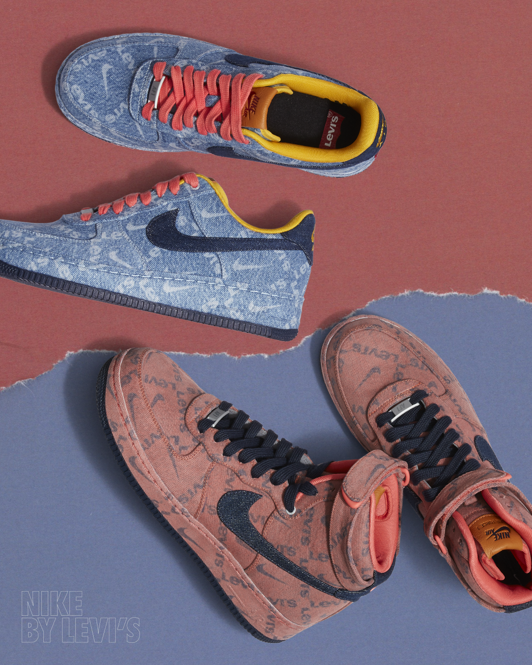 Two pairs of Nike shoes with Levi's branding, one in pink and navy with a Velcro strap and the other in denim with pink laces, arranged on torn blue and pink paper backgrounds.