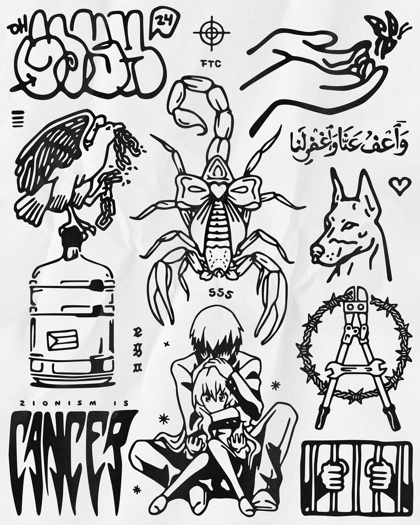 Black and white line art illustrations of various objects and figures, including a graffiti-style word, a hand holding a butterfly, a bird, a person with their head in their hands, a lobster, a robot, and a person sitting cross-legged.