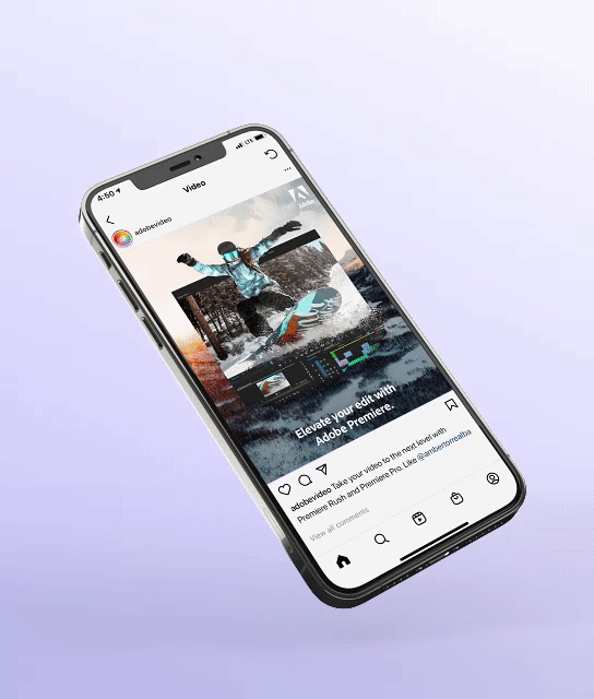 Smartphone displaying a video of a person snowboarding.