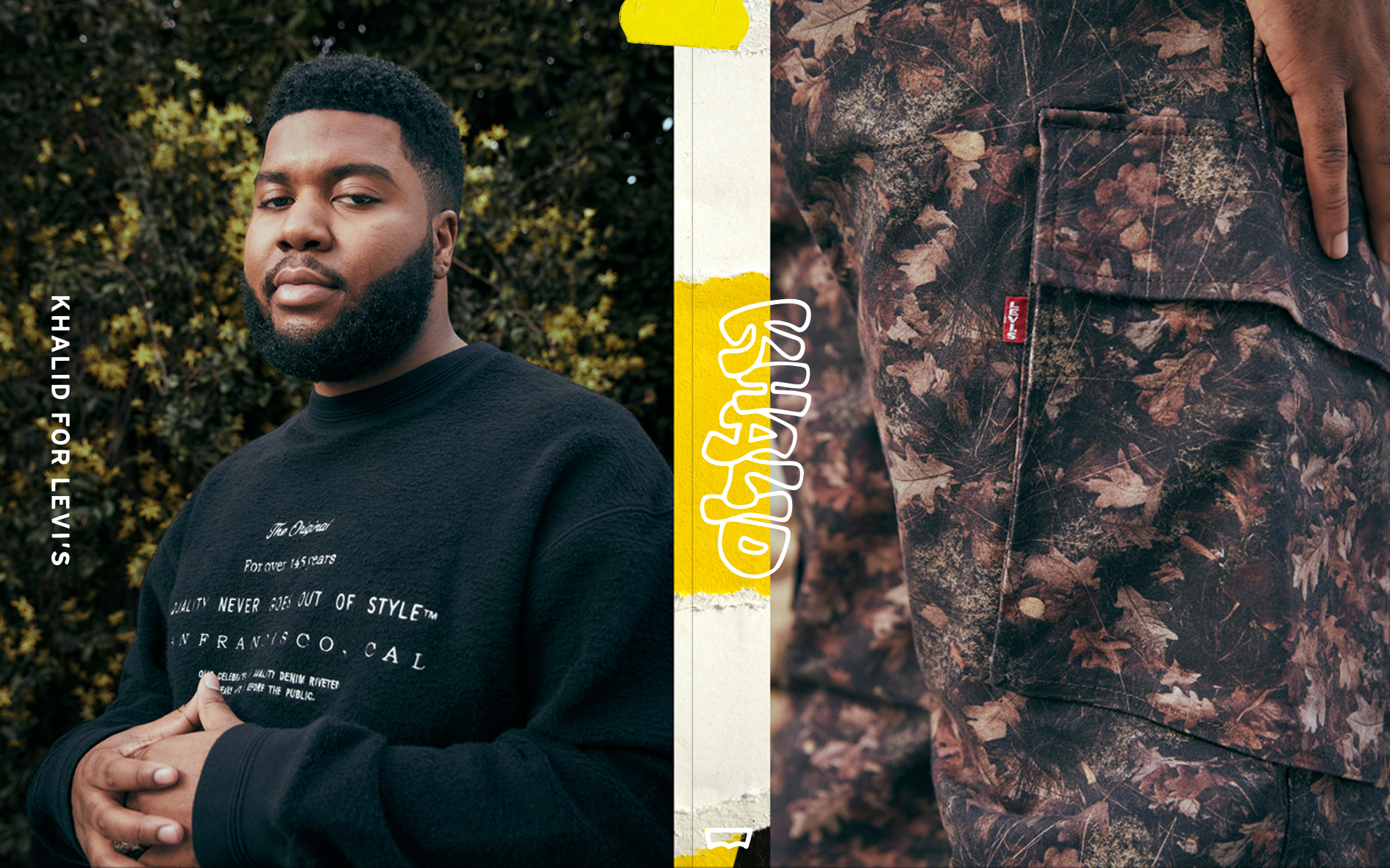 A split image with a young man with a beard on the left, wearing a black sweatshirt and standing outdoors with greenery in the background, and on the right, a close-up of a person's camouflage pants with a camouflage pattern of brown and green leaves.