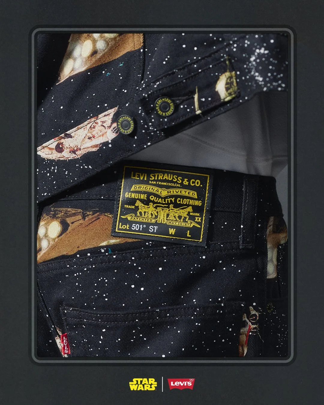 Close-up of Levi's jeans with a Star Wars themed patch and speckled design, displaying Levi's and Star Wars logos at the bottom.