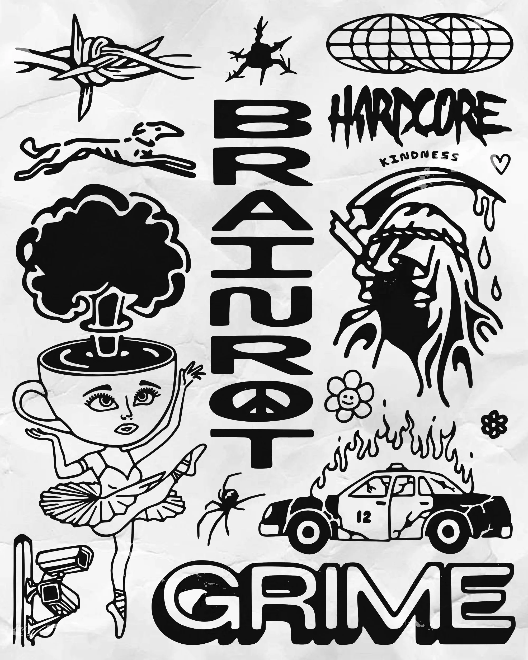 Collection of black and white illustrations including a crown, a fish, a leafless tree, a person's face with big eyes, a spider, the word 'HARDCORE', a small flower, a steaming cup of coffee, a toy car, and the words 'CRIME' and 'KINDNESS' with a hea