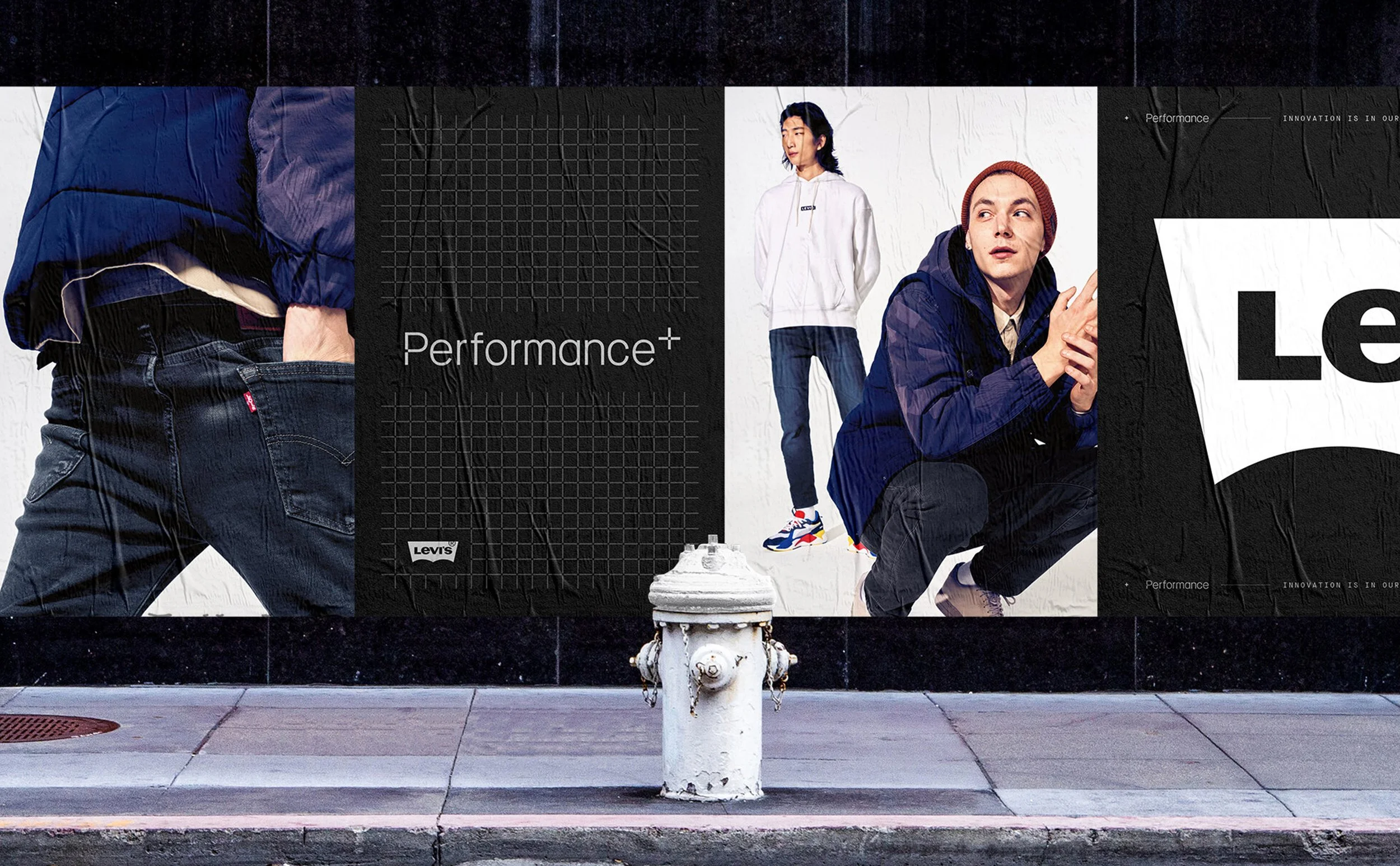 A street mural featuring images of two young adults, one male and one female, wearing sporty clothing. The mural includes the words 'Performance+,' 'Levi's,' and other text related to innovation and performance, set against a black and white textured background.