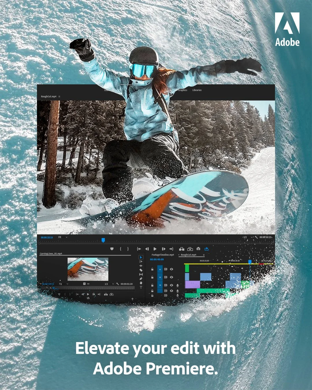 An advertisement featuring a woman snowboarding in a snowy forest with a digital editing interface overlay, promoting Adobe Premiere for video editing.