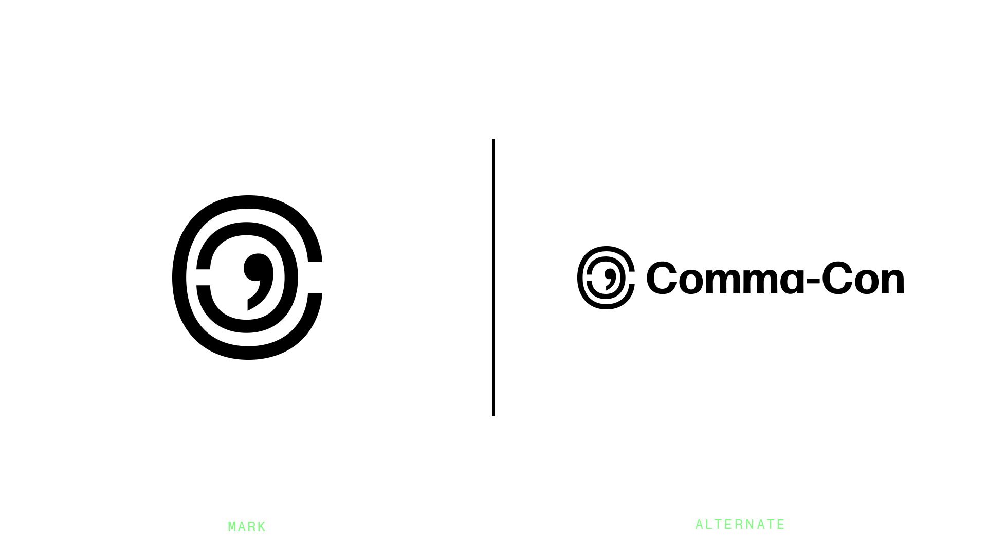 Comparison of a conventional comma logo and an alternative version. The conventional logo features a stylized black comma, while the alternative includes the same comma design followed by the text 'Comma-Con'. The words 'MARK' and 'ALTERNATE' are faintly visible near the bottom.