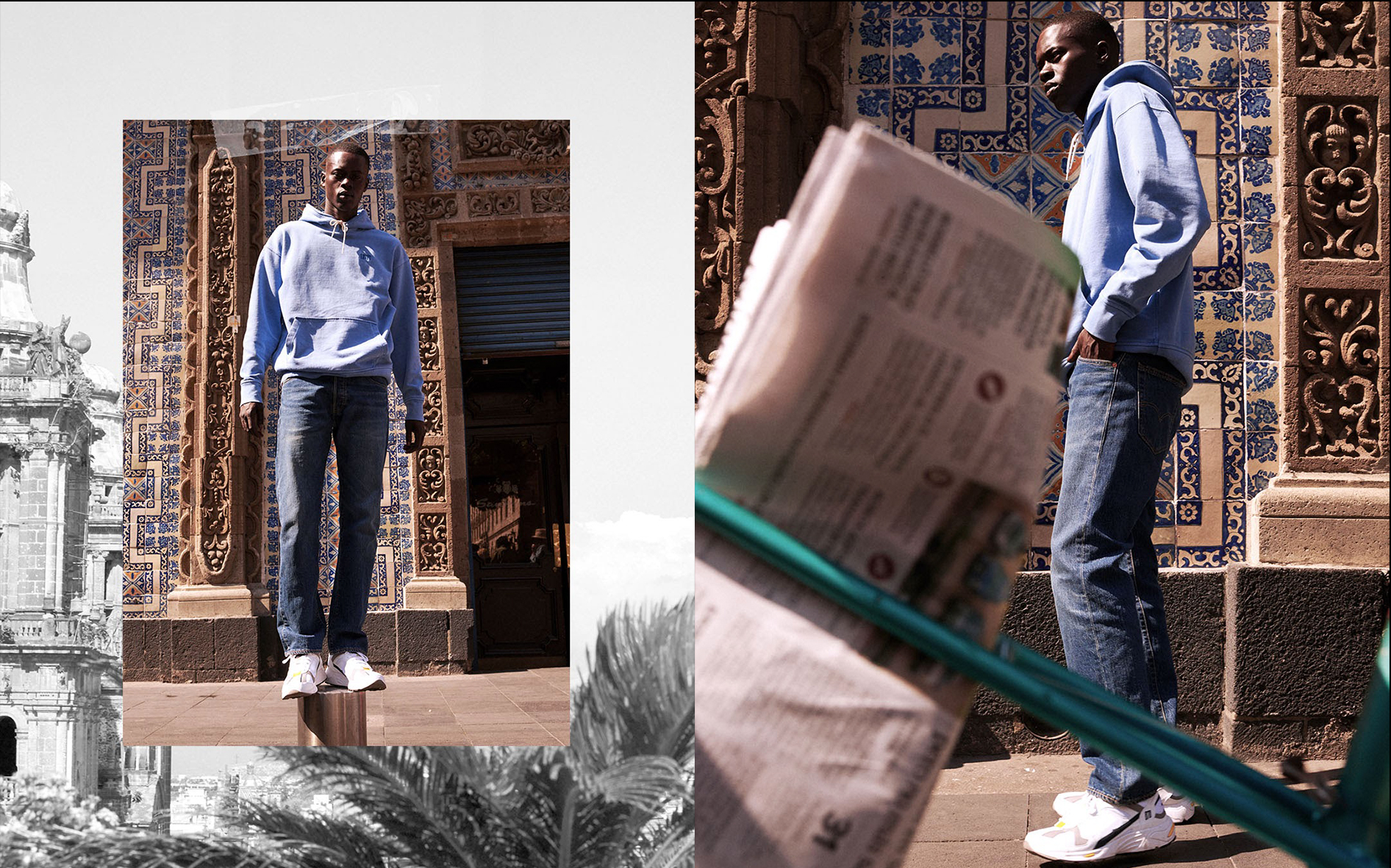 A young man in a blue hoodie and jeans standing outside a decorative building with intricate tile work, with another image showing a closer side view of him holding a newspaper.