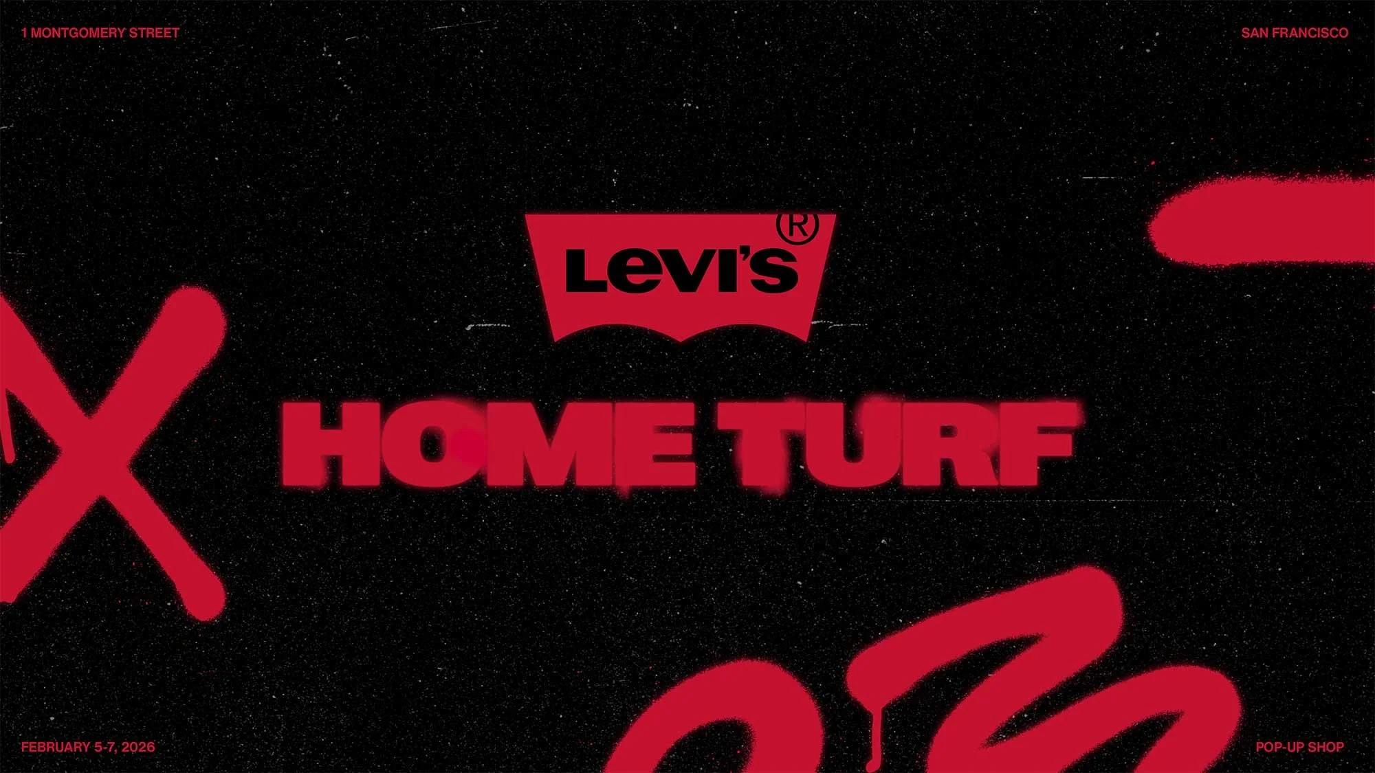 Poster for Levi's Hometown event happening in San Francisco from February 5-7, 2026. The background is black with red text and graphics, including the Levi's logo and large red lettering spelling 'HOMETOWN'.