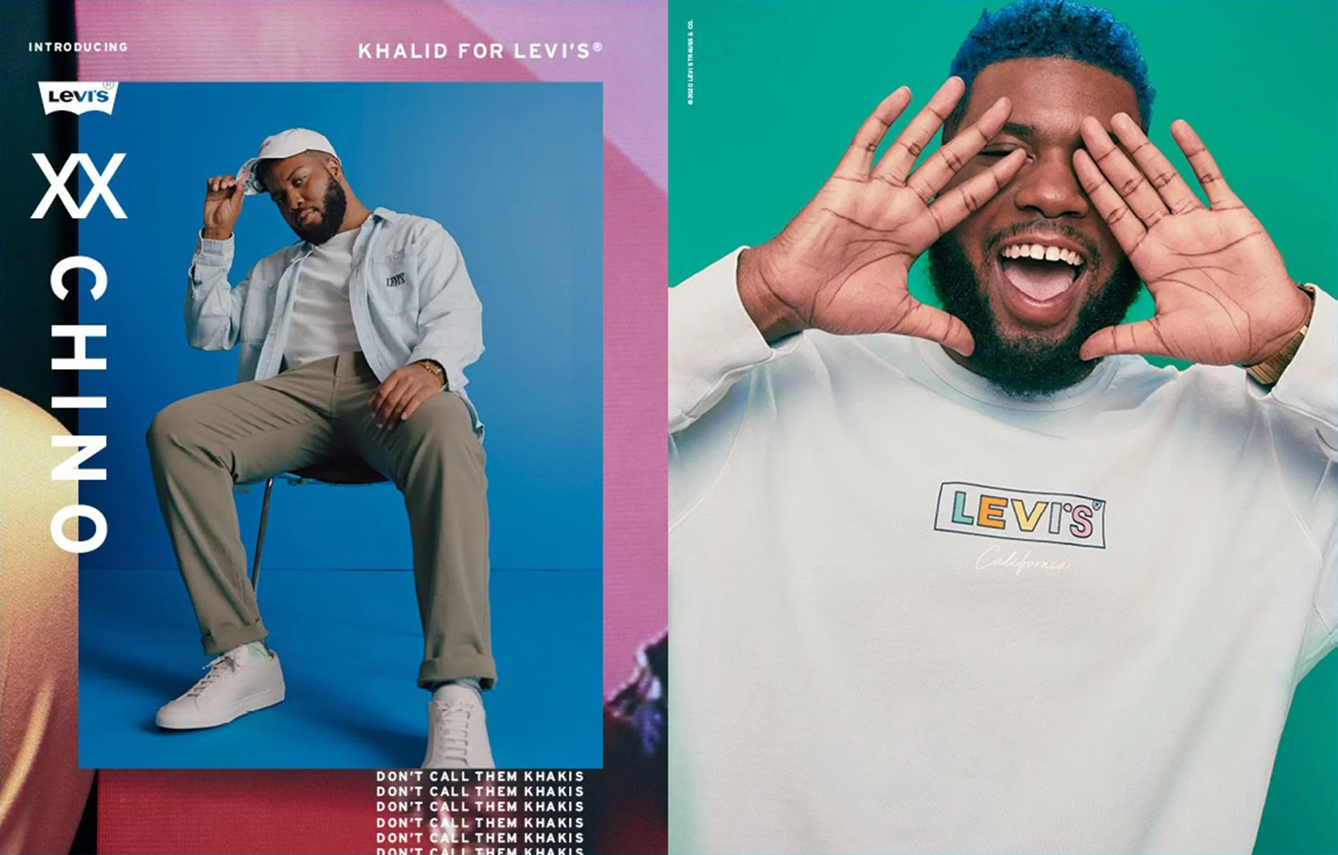 A promotional poster featuring two men of color wearing Levi's apparel. The man on the left is sitting on a chair, wearing a white jacket, beige pants, and a white cap, with a blue background. The man on the right is smiling with his hands framing his face, wearing a white hoodie with colorful Levi's logo and a green background. The poster contains text, including the Levi's logo, the phrase 'Khalid for Levi's,' and a repeated warning that says 'Don't call them khakis' and 'Introducing.'