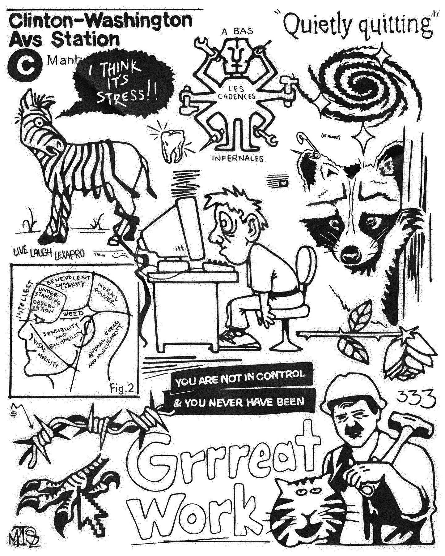 A collage of various doodles including a zebra, a person looking into a microscope, a dog, a lion, a woman with a phone, a spiral galaxy, a barbed wire, a cat, and several text elements with motivational and humorous phrases in black and white line a