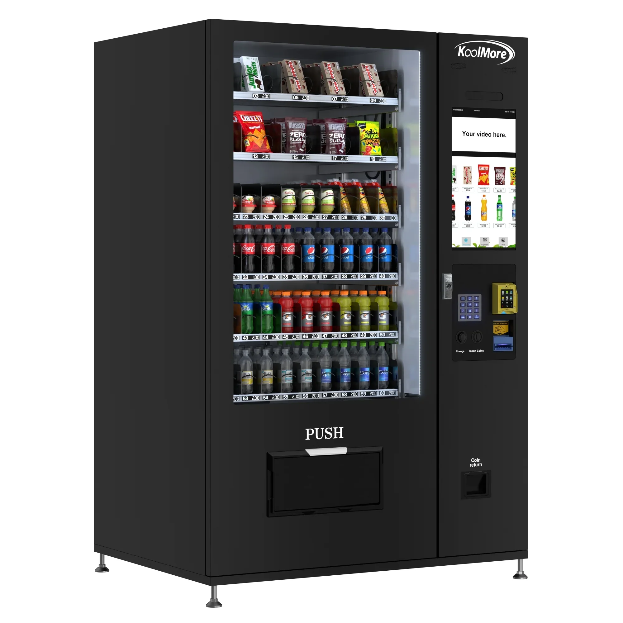 A vending machine filled with snacks and beverages, with a digital screen on the right side displaying an advertisement and payment options.