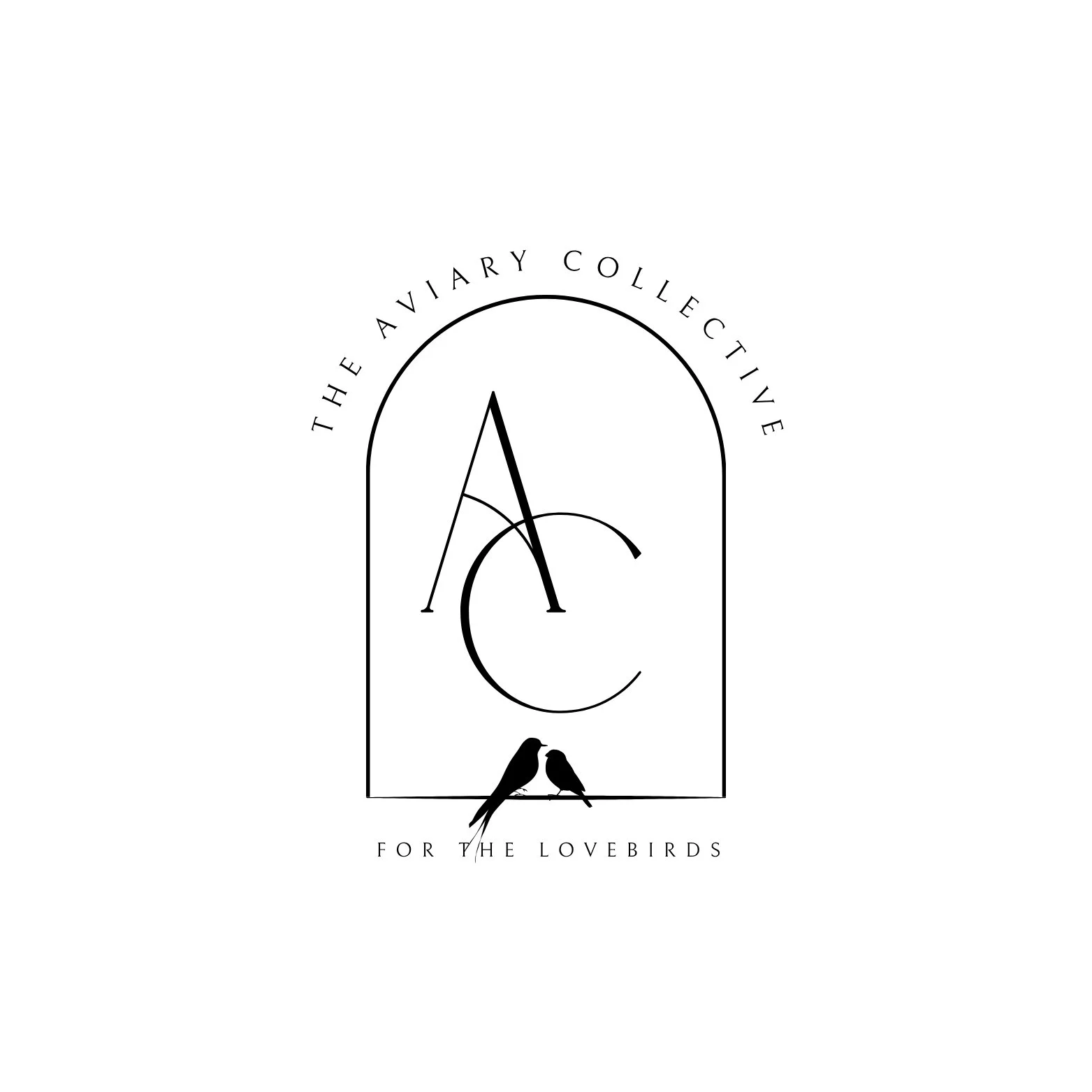 Logo for The Aviary Collective featuring stylized arches, the initials A and C intertwined, two birds perched on a line, and the text 'For the lovebirds' at the bottom.