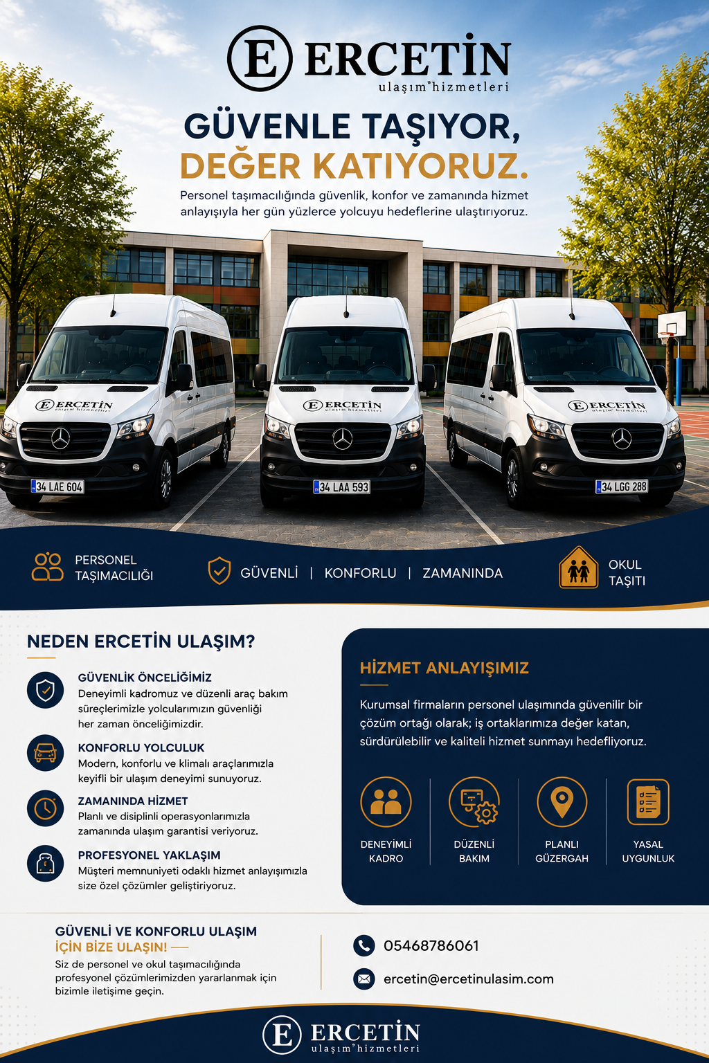 Advertisement for Ercetin transportation services features three white Mercedes-Benz vans parked in front of a modern building with a basketball court nearby. The ad highlights safety, comfort, timeliness, and professional approach in personnel and school transportation, with contact information at the bottom.