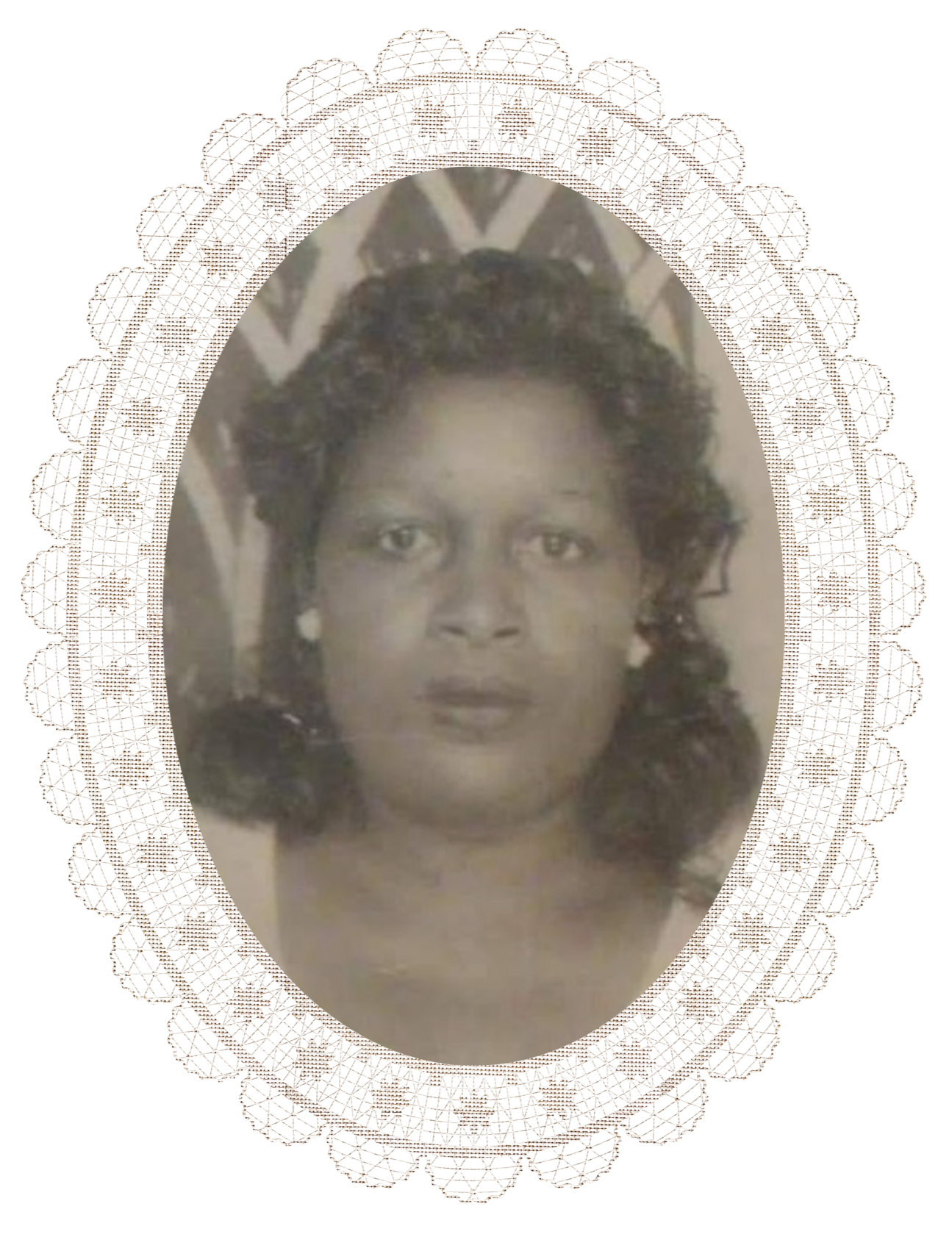 A black and white portrait of a woman with dark, curly hair framed with a decorative lace border.